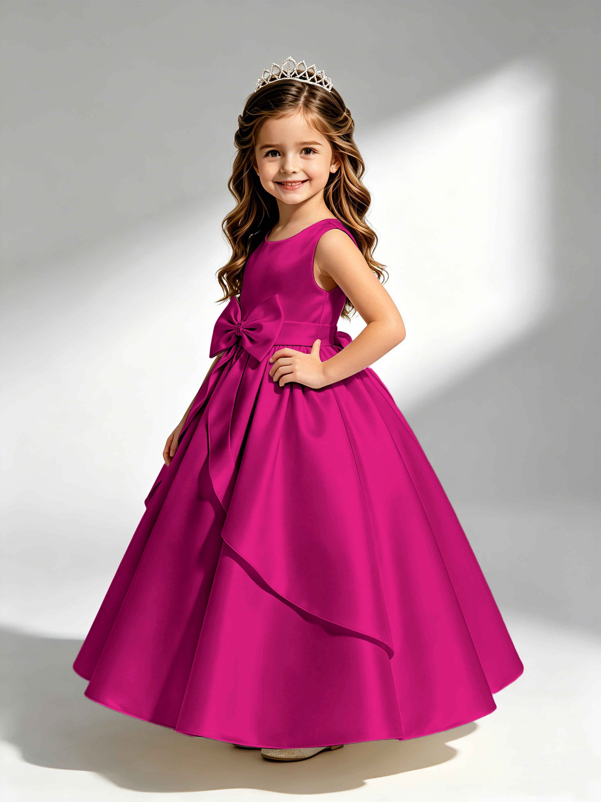 Satin Flower Girl Dress with Bow Princess Girls Pageant Gowns