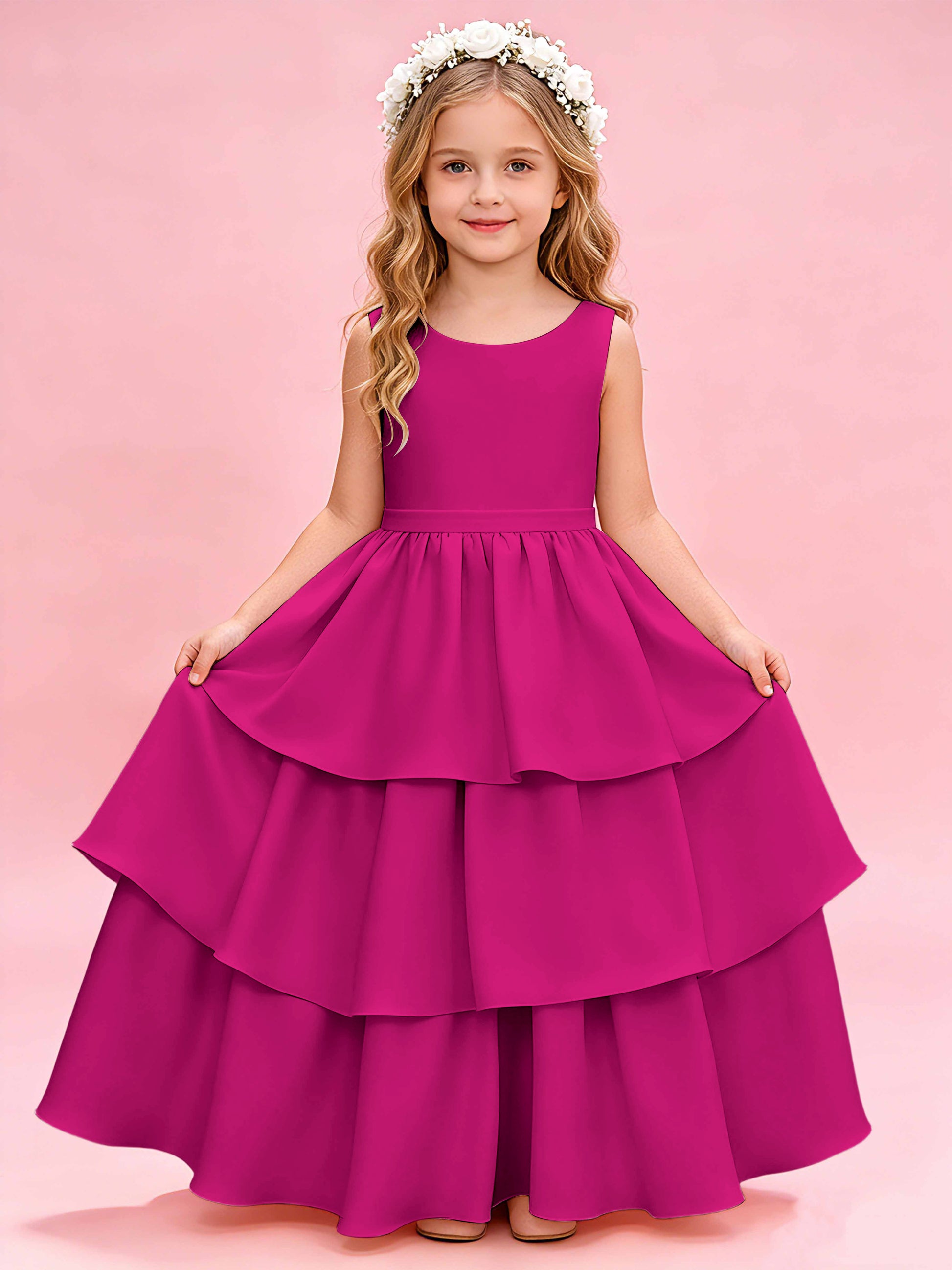 Tiered Flower Girl Dress with Bow Princess Girls Pageant Gowns