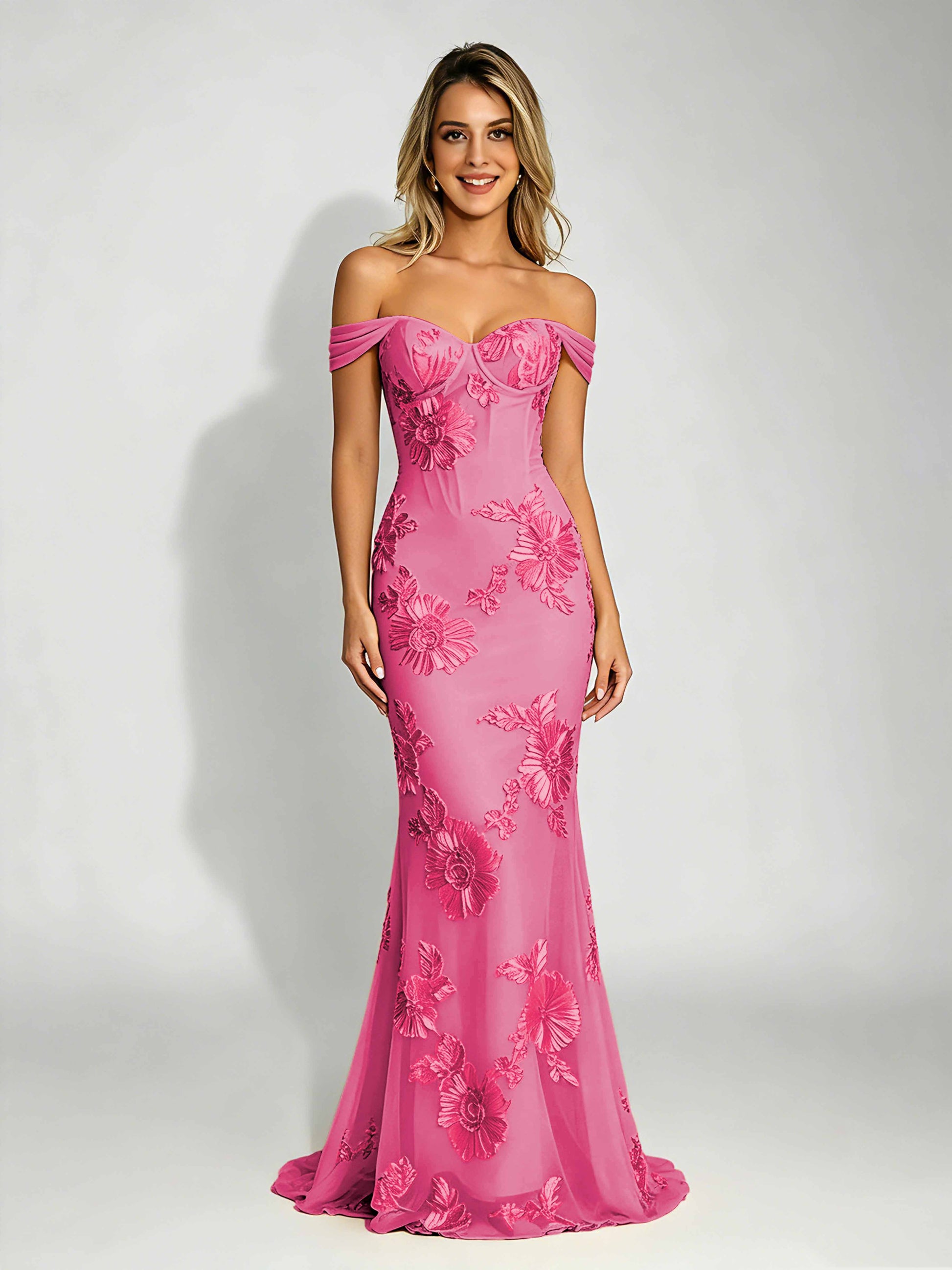 Embroidery Mesh Prom Dress for Teen Off Shoulder Formal Party Gown