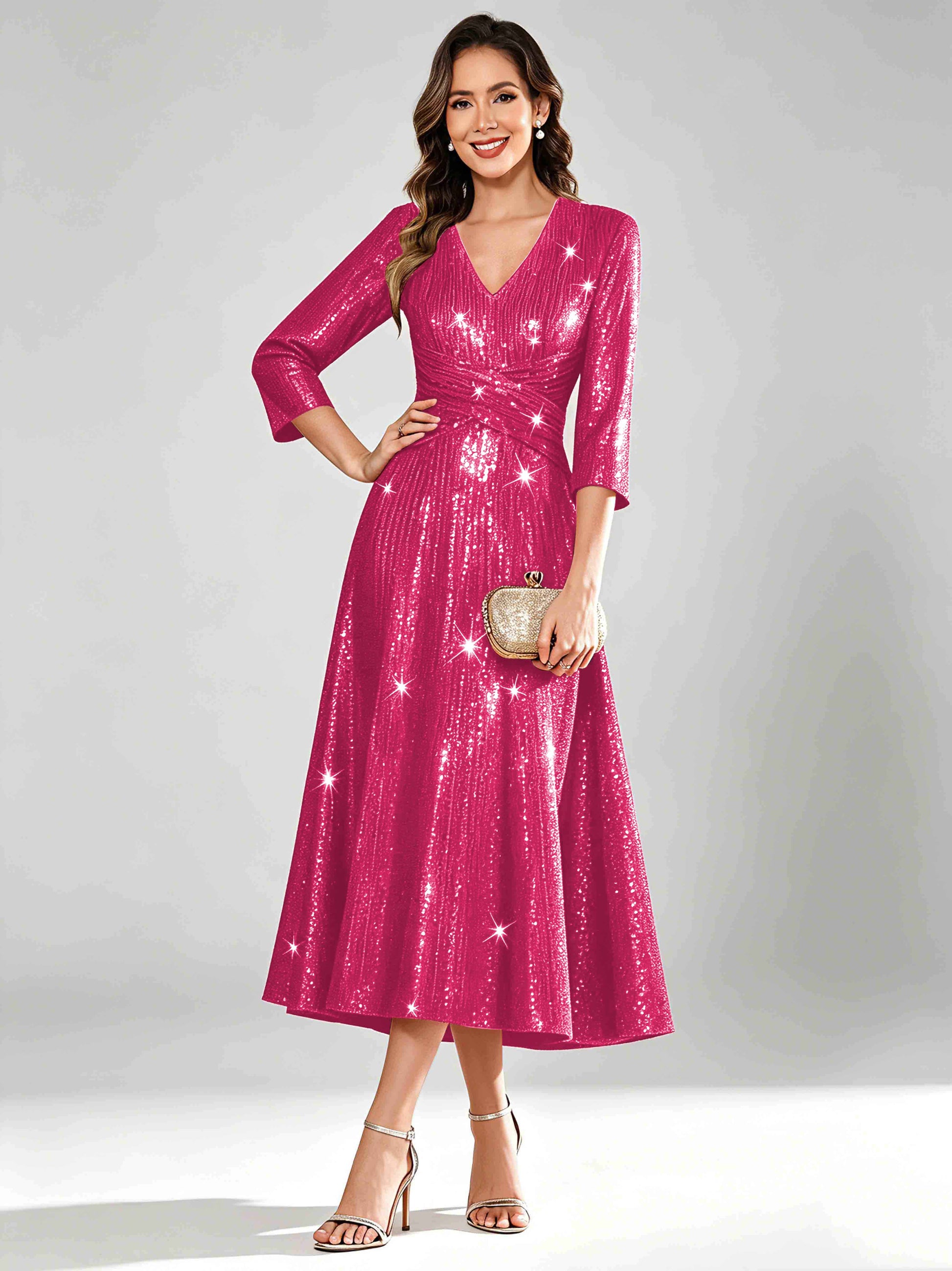 Sequin Sparkly 3/4 Sleeve Dressy Mother of The Bride Dresses