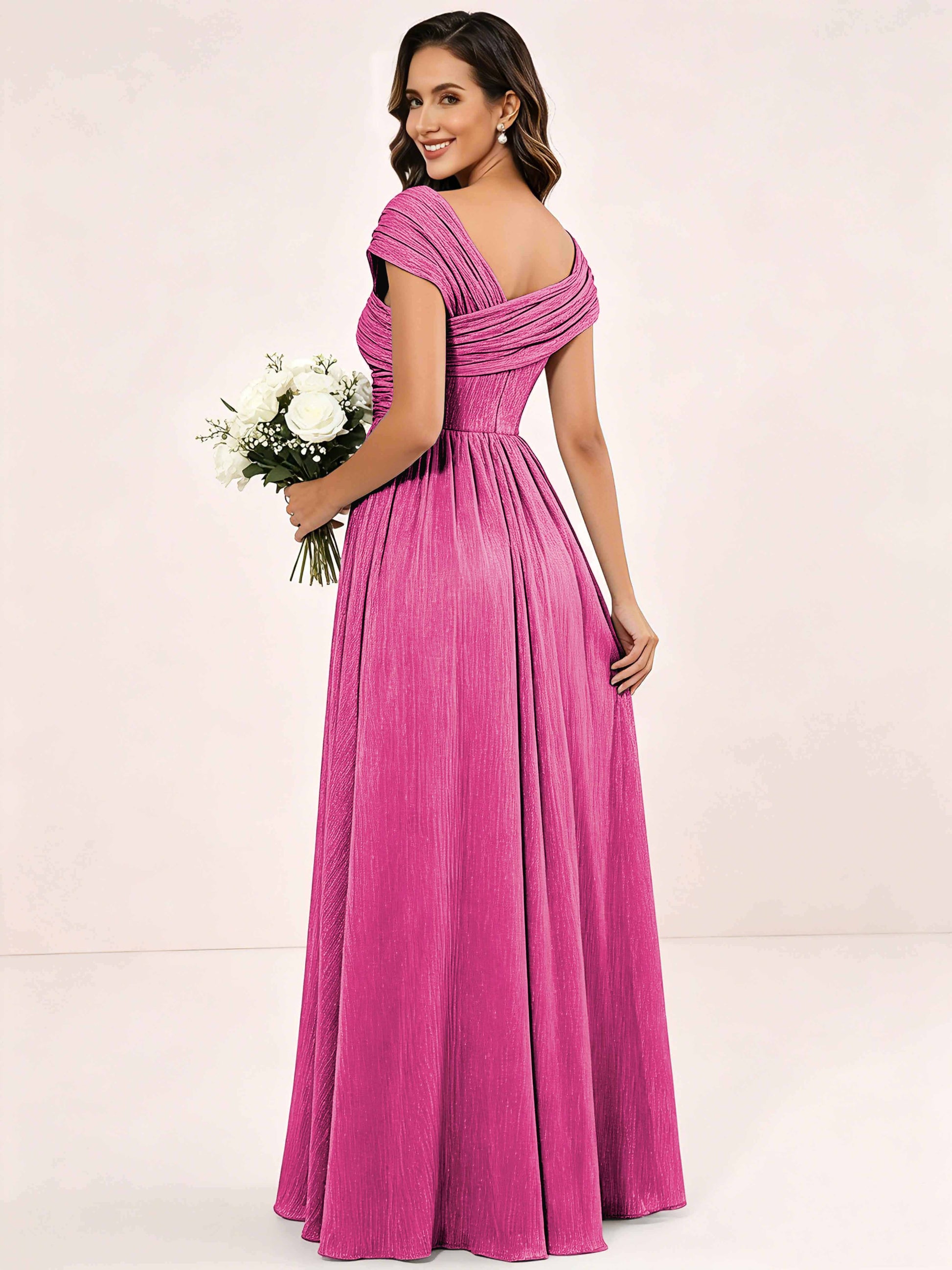 Shiny Striped Chiffon Ruched Cap Sleeve Mother of The Bride Dress