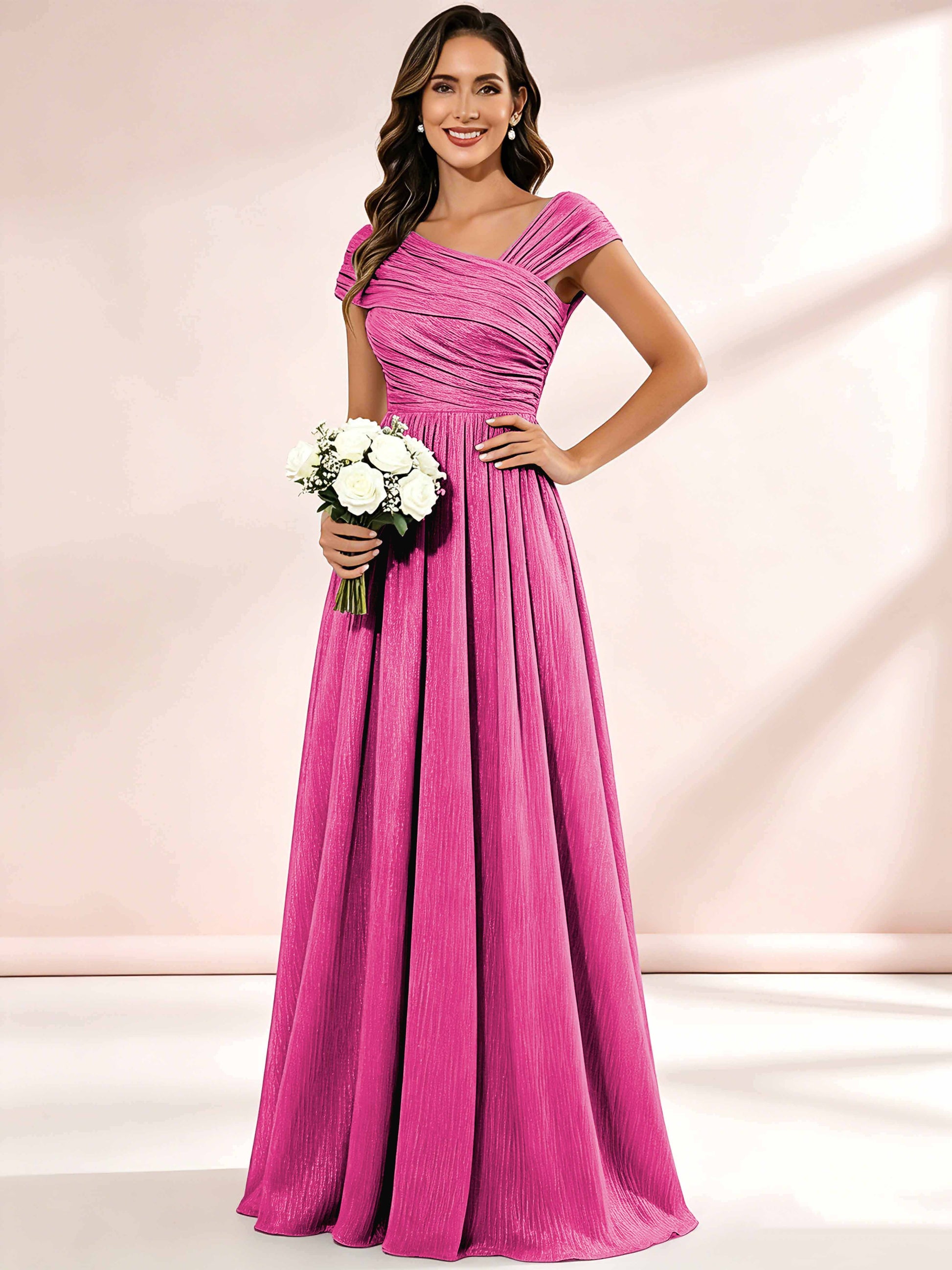 Shiny Striped Chiffon Ruched Cap Sleeve Mother of The Bride Dress