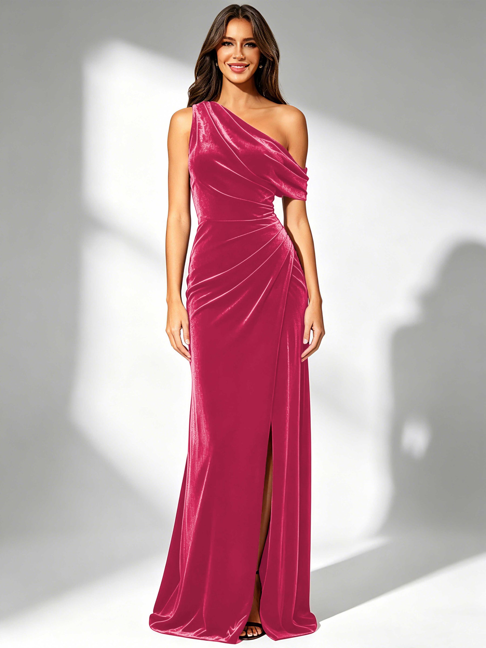 One Shoulder Velvet Bridesmaid Dresses for Women