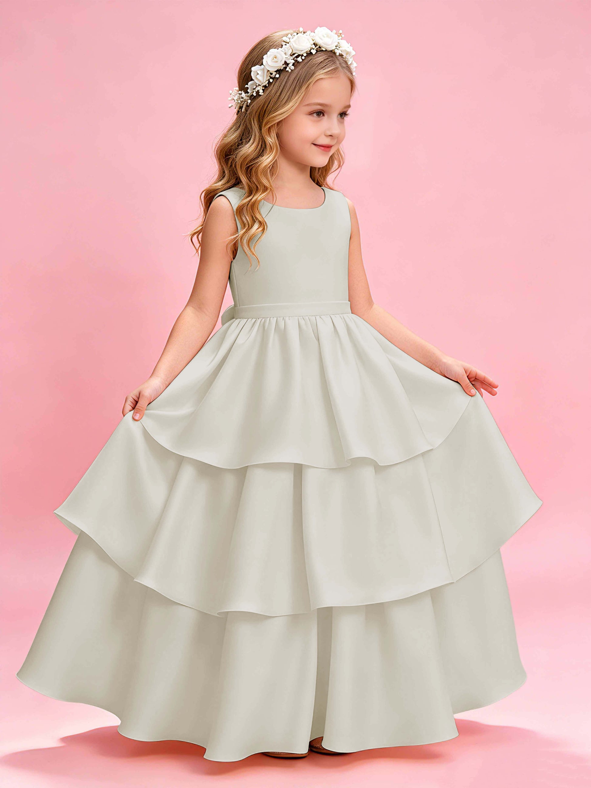 Tiered Flower Girl Dress with Bow Princess Girls Pageant Gowns