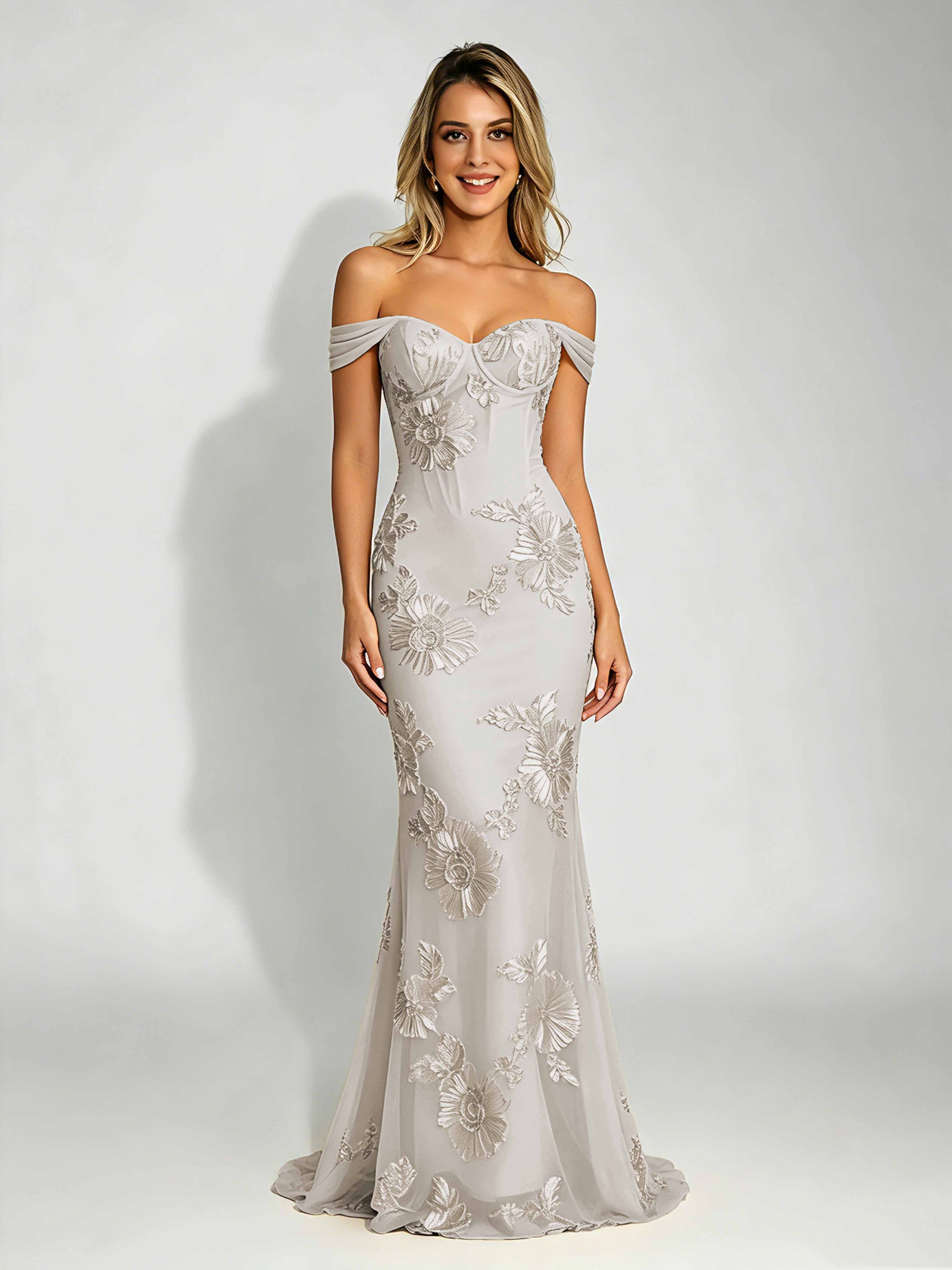 Embroidery Mesh Prom Dress for Teen Off Shoulder Formal Party Gown
