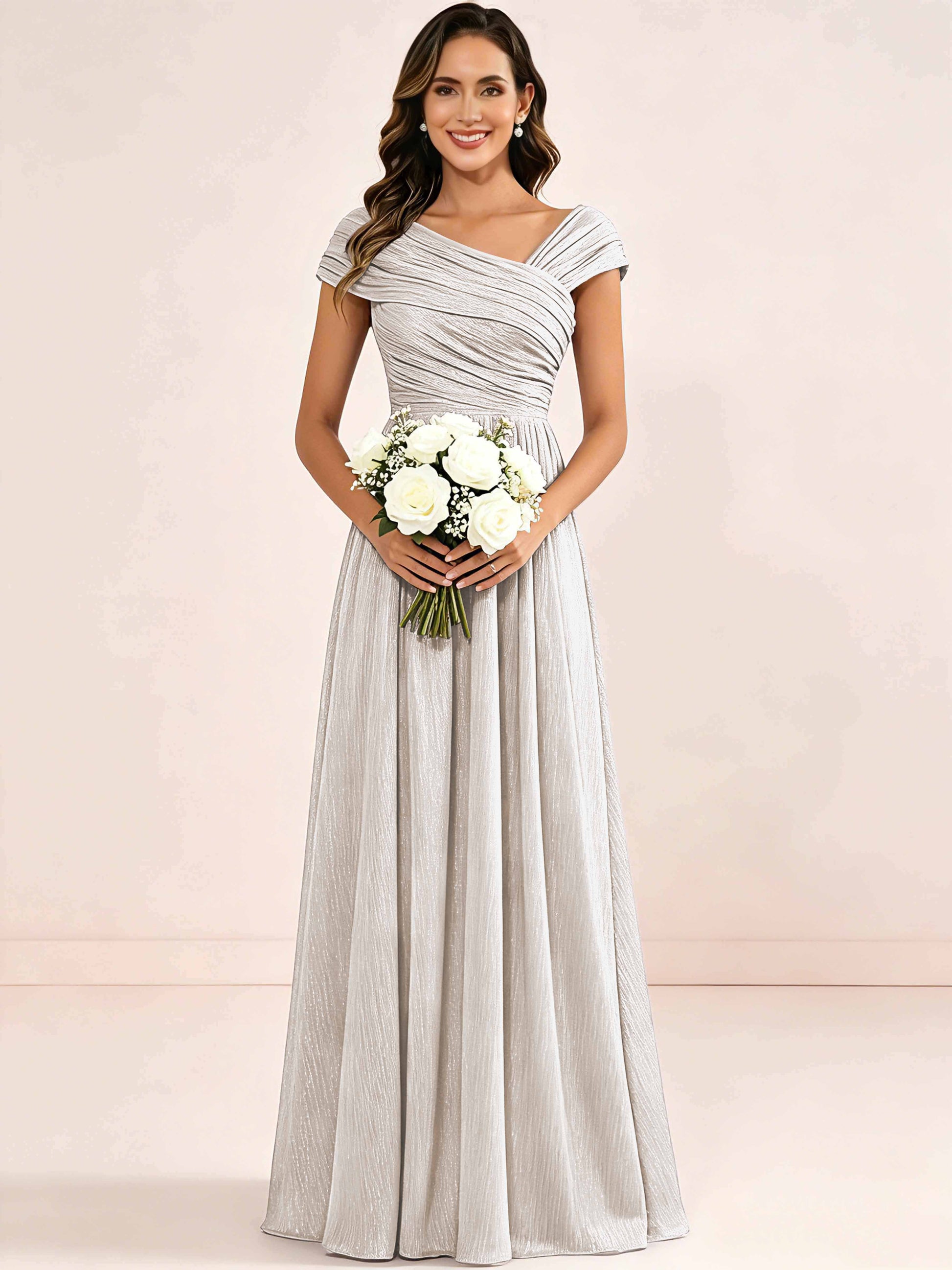 Shiny Striped Chiffon Ruched Cap Sleeve Mother of The Bride Dress