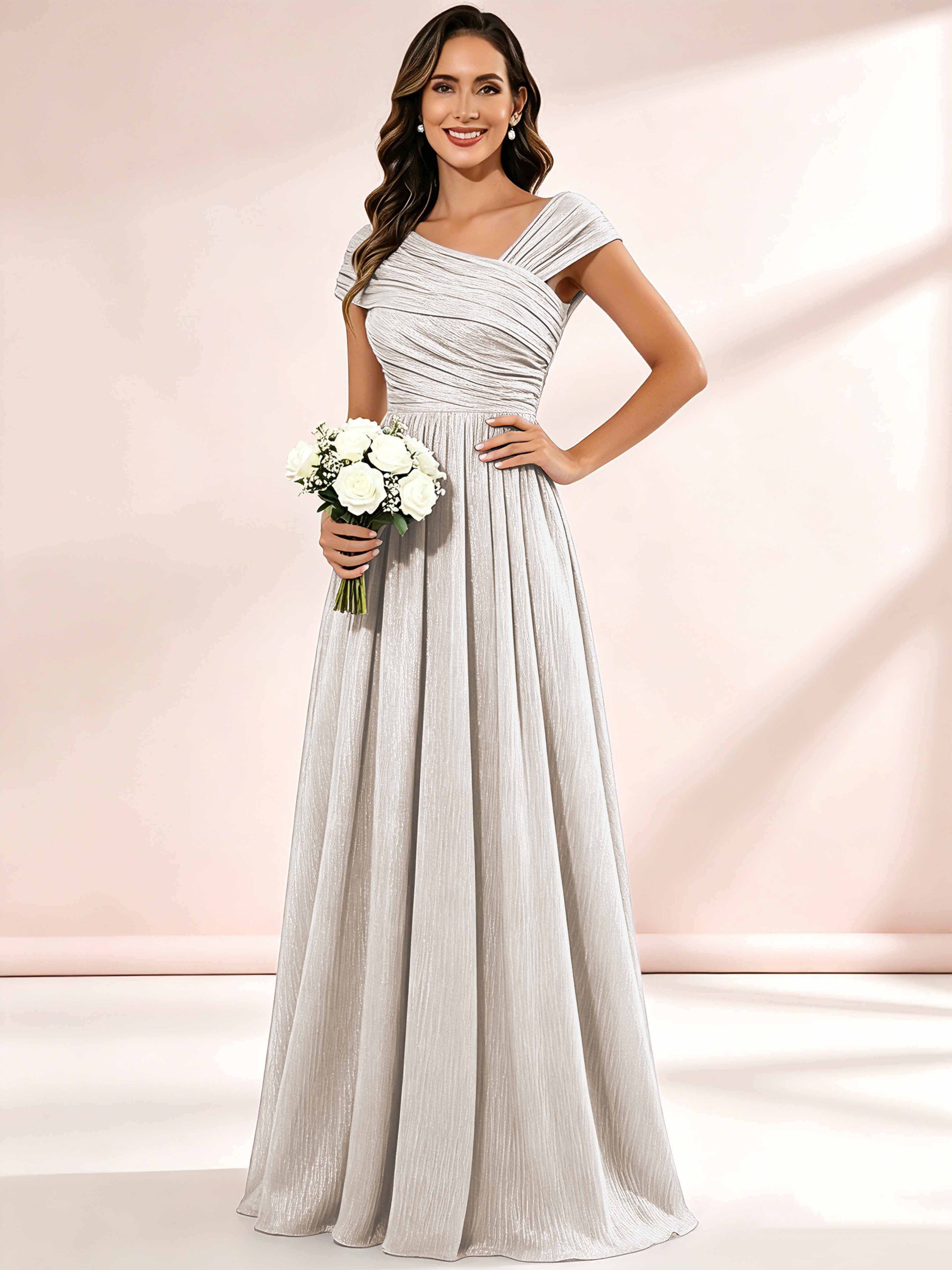 Shiny Striped Chiffon Ruched Cap Sleeve Mother of The Bride Dress