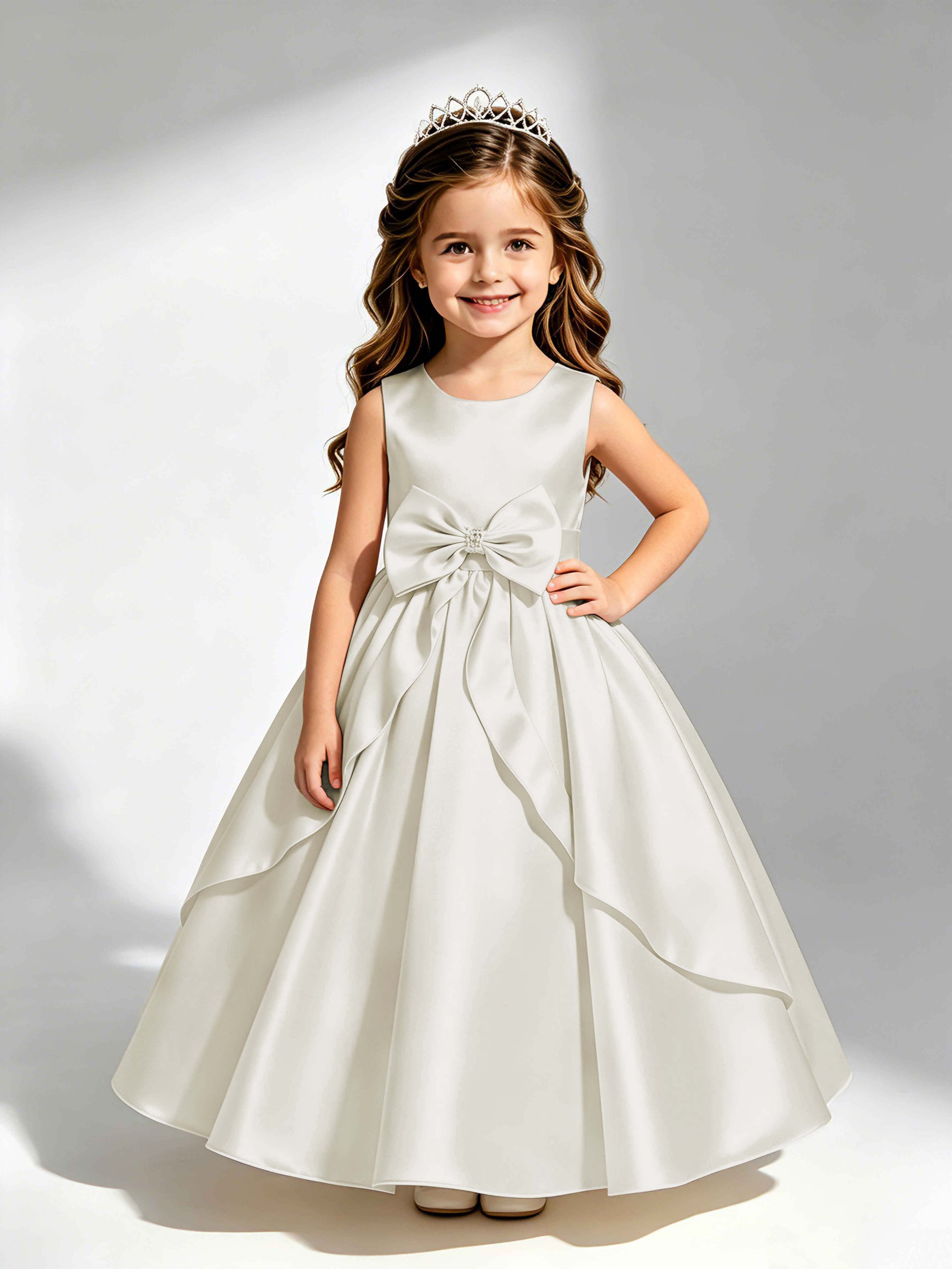 Satin Flower Girl Dress with Bow Princess Girls Pageant Gowns