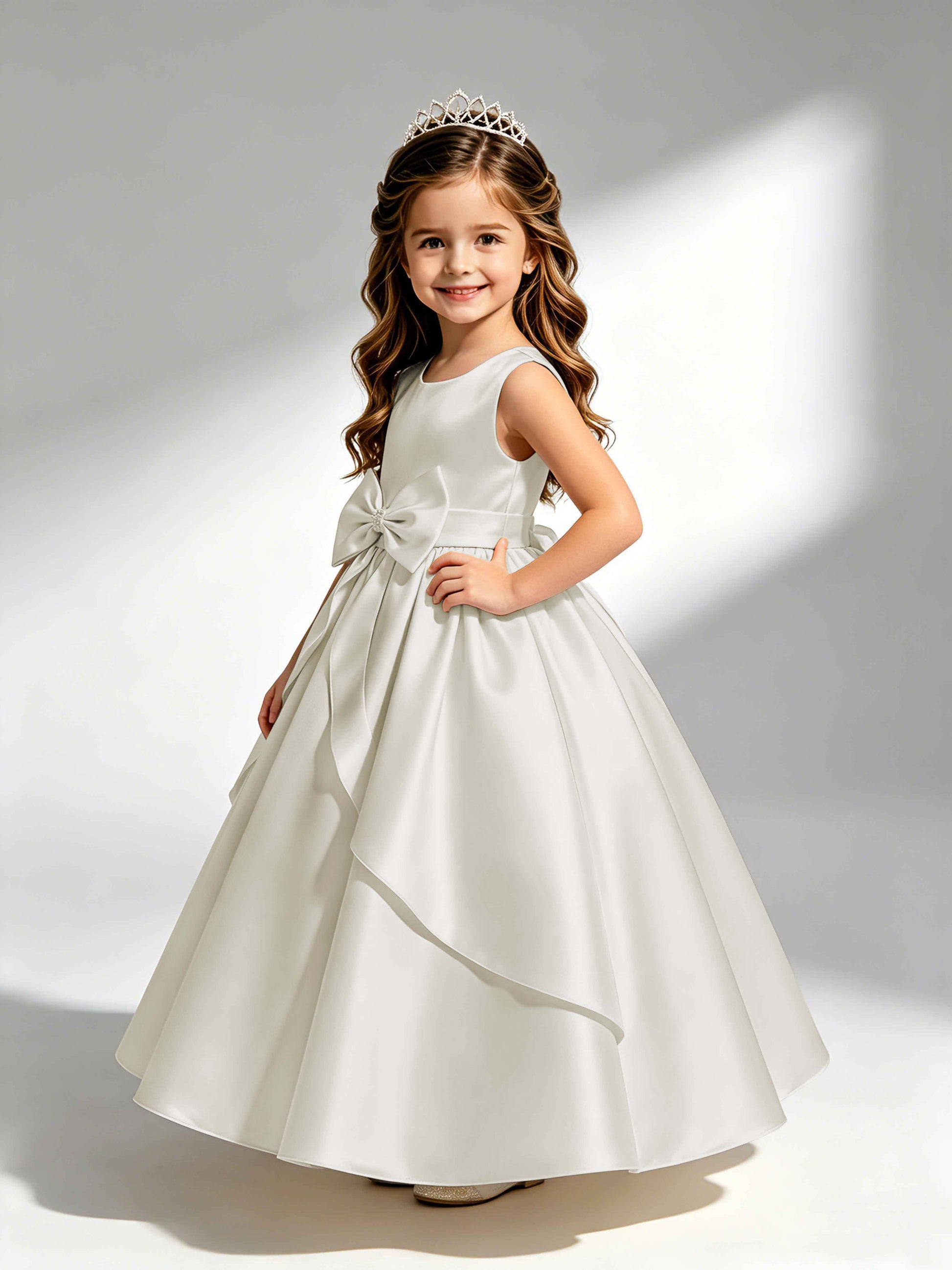 Satin Flower Girl Dress with Bow Princess Girls Pageant Gowns