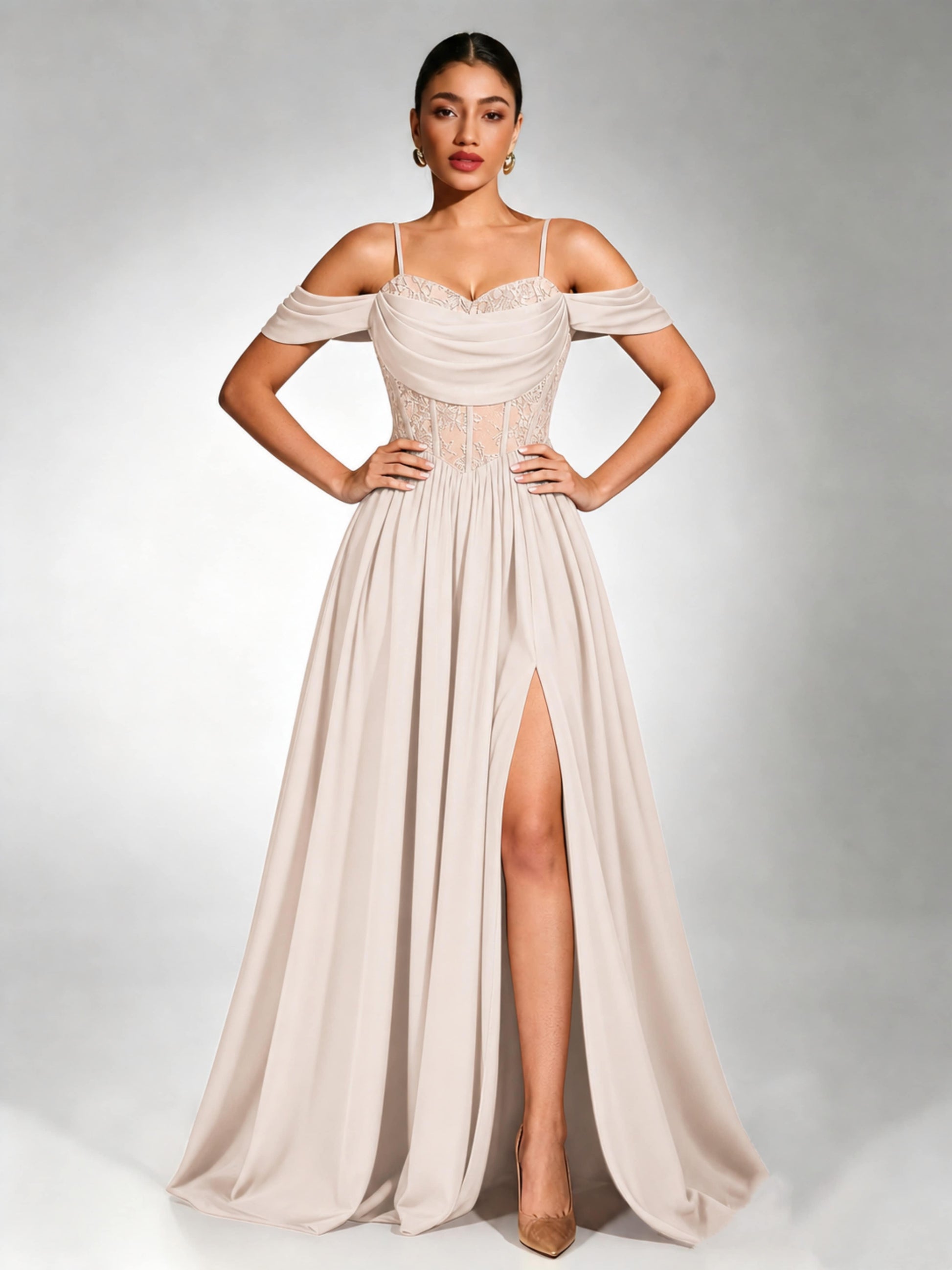 Off Shoulder Chiffon Lace Prom Dress for Teens