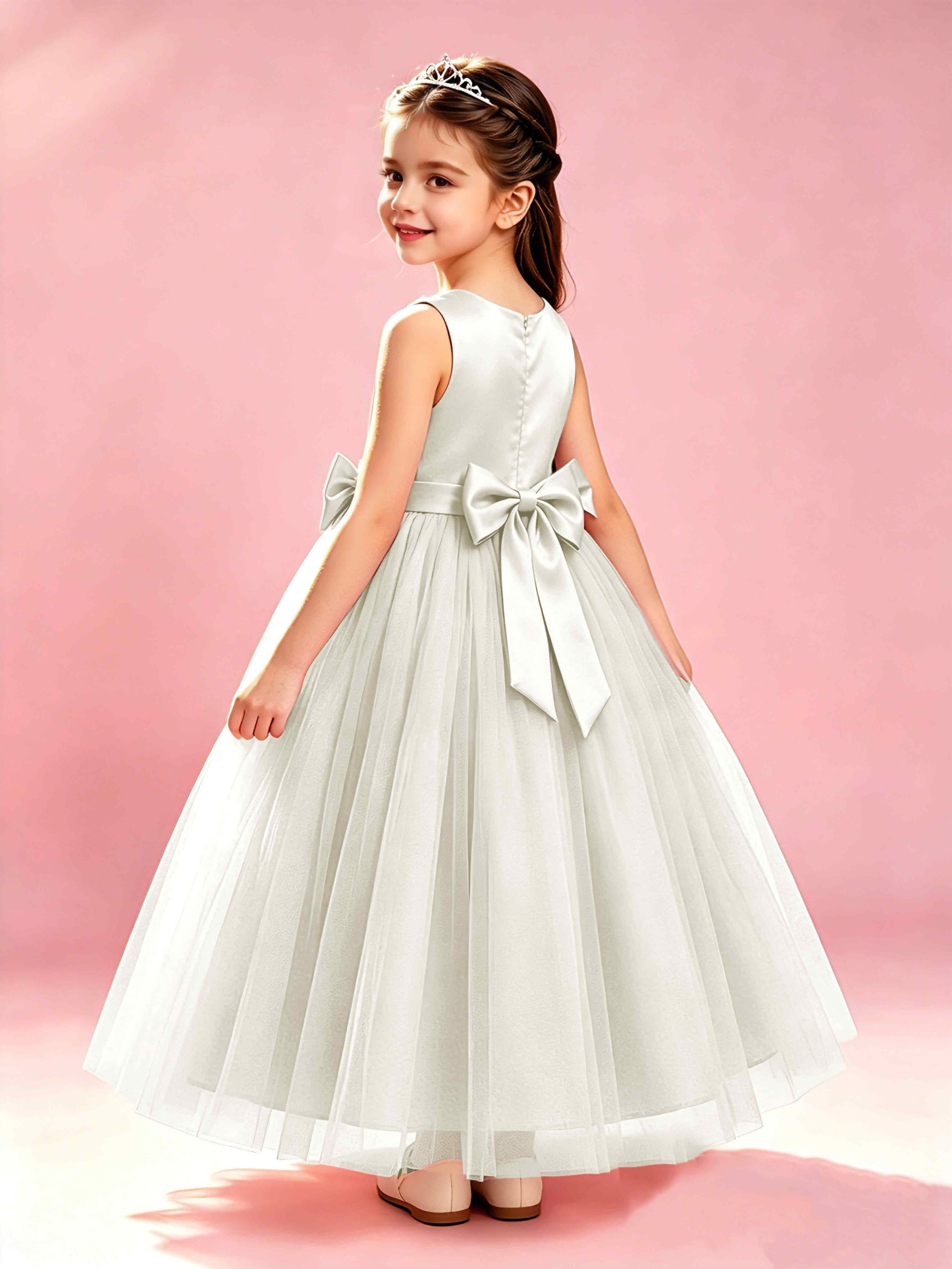 Satin Tulle Flower Girl Dress with Bow Princess Girls Pageant Gowns
