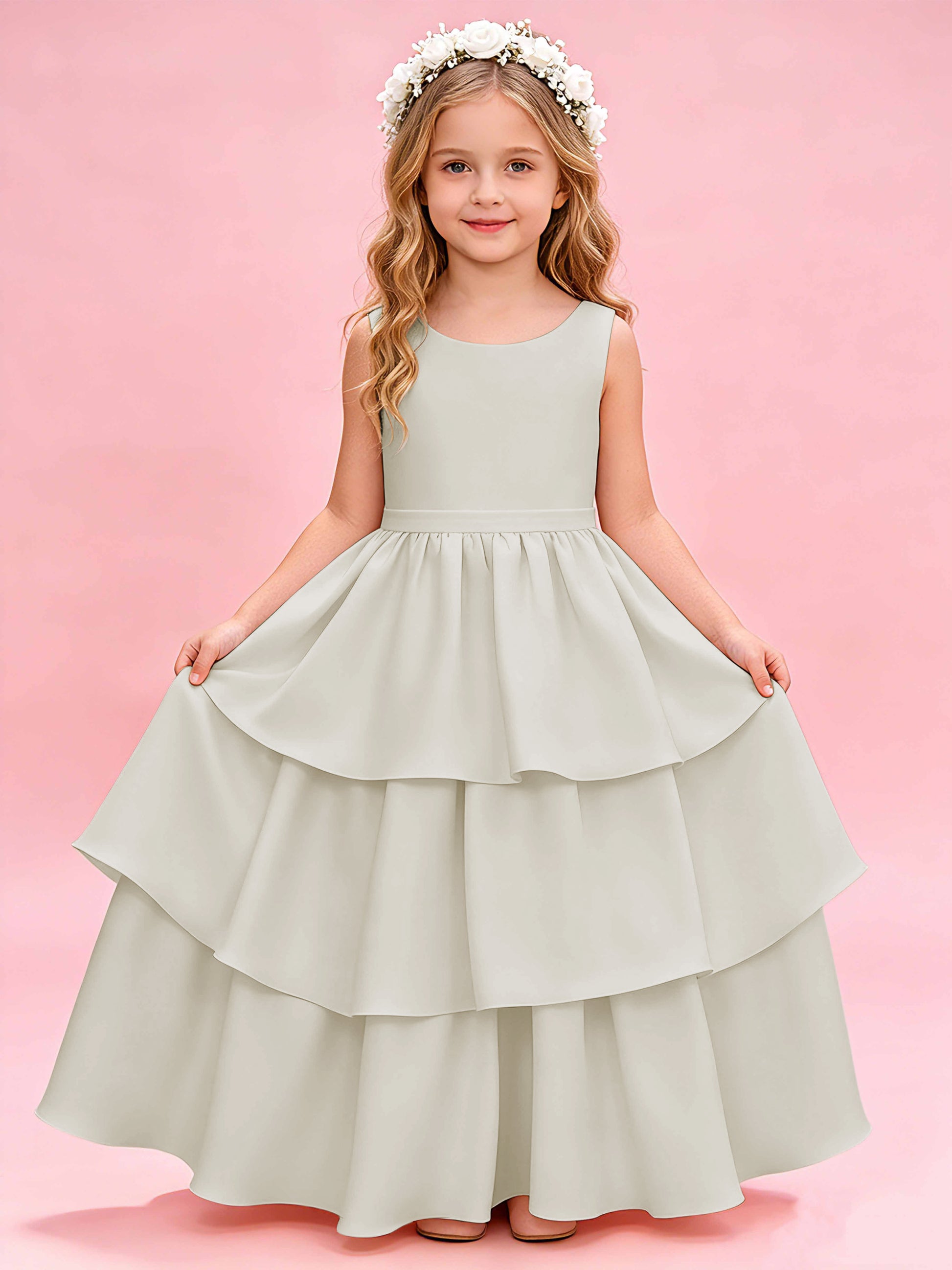 Tiered Flower Girl Dress with Bow Princess Girls Pageant Gowns