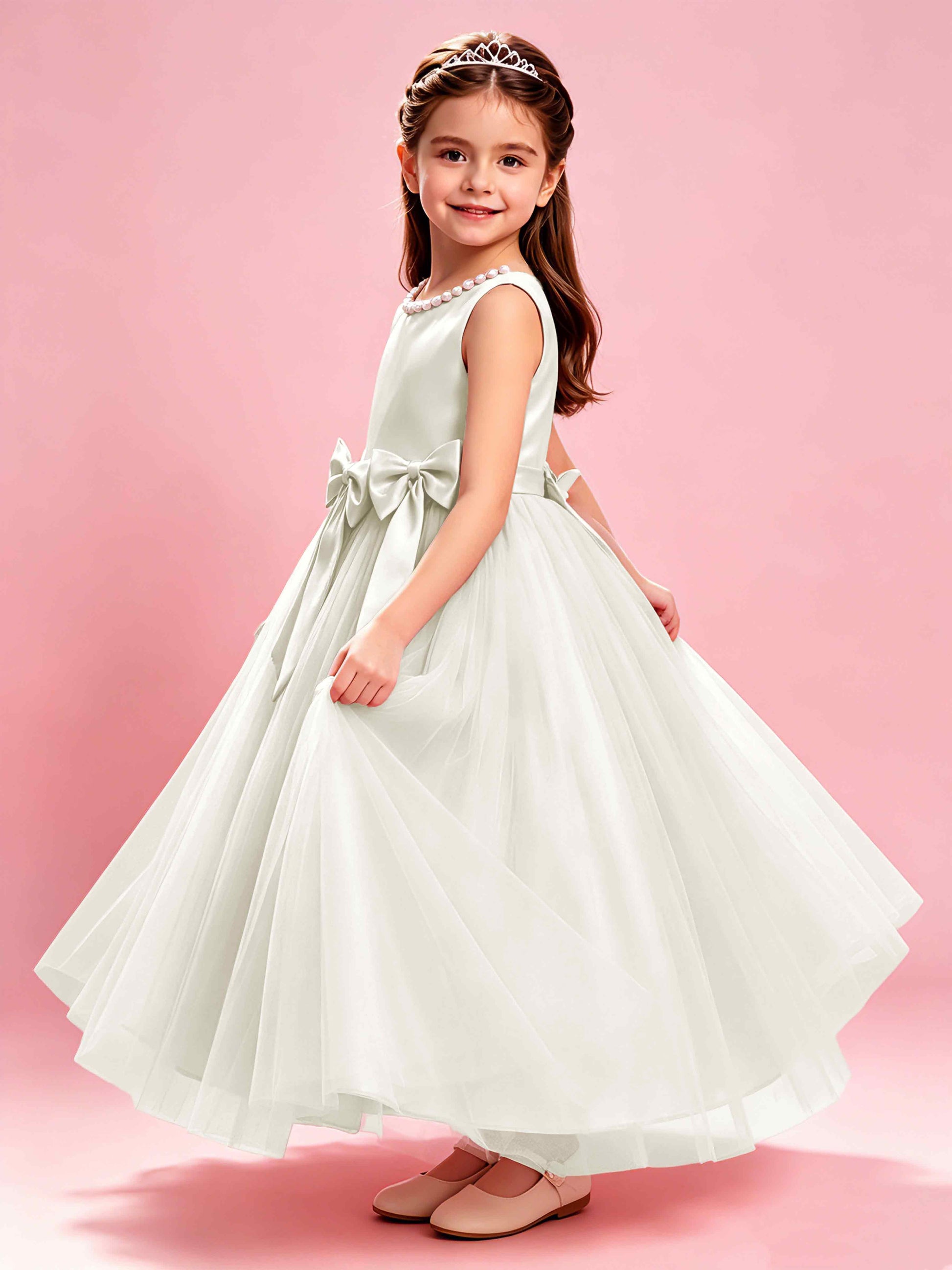 Satin Tulle Flower Girl Dress with Bow Princess Girls Pageant Gowns