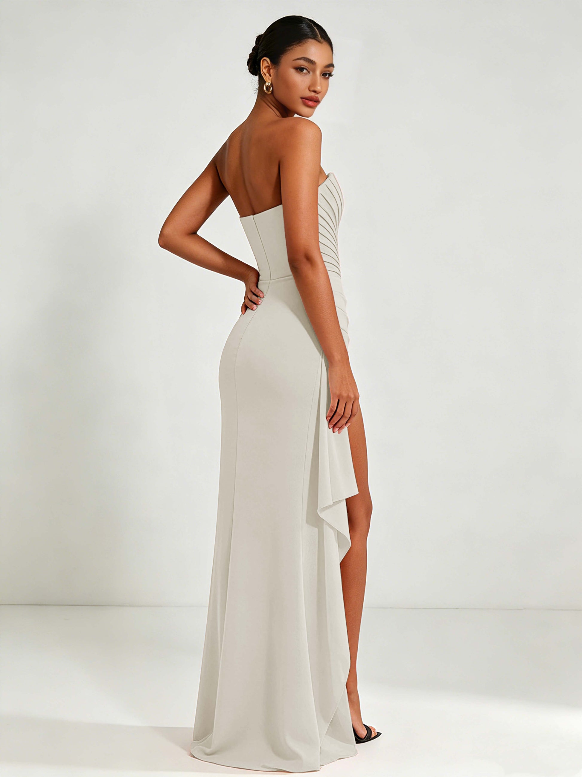 Strapless Ruched Bust Prom Dresses with Ruffle Slit