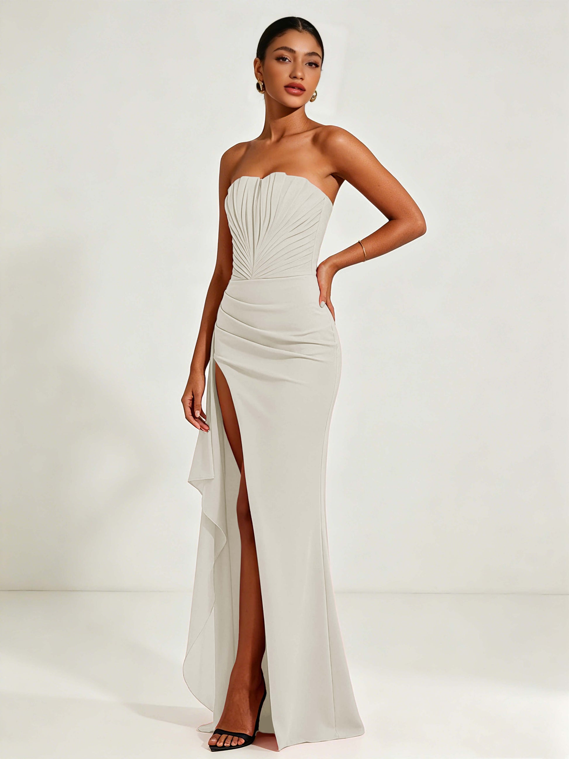 Strapless Ruched Bust Prom Dresses with Ruffle Slit