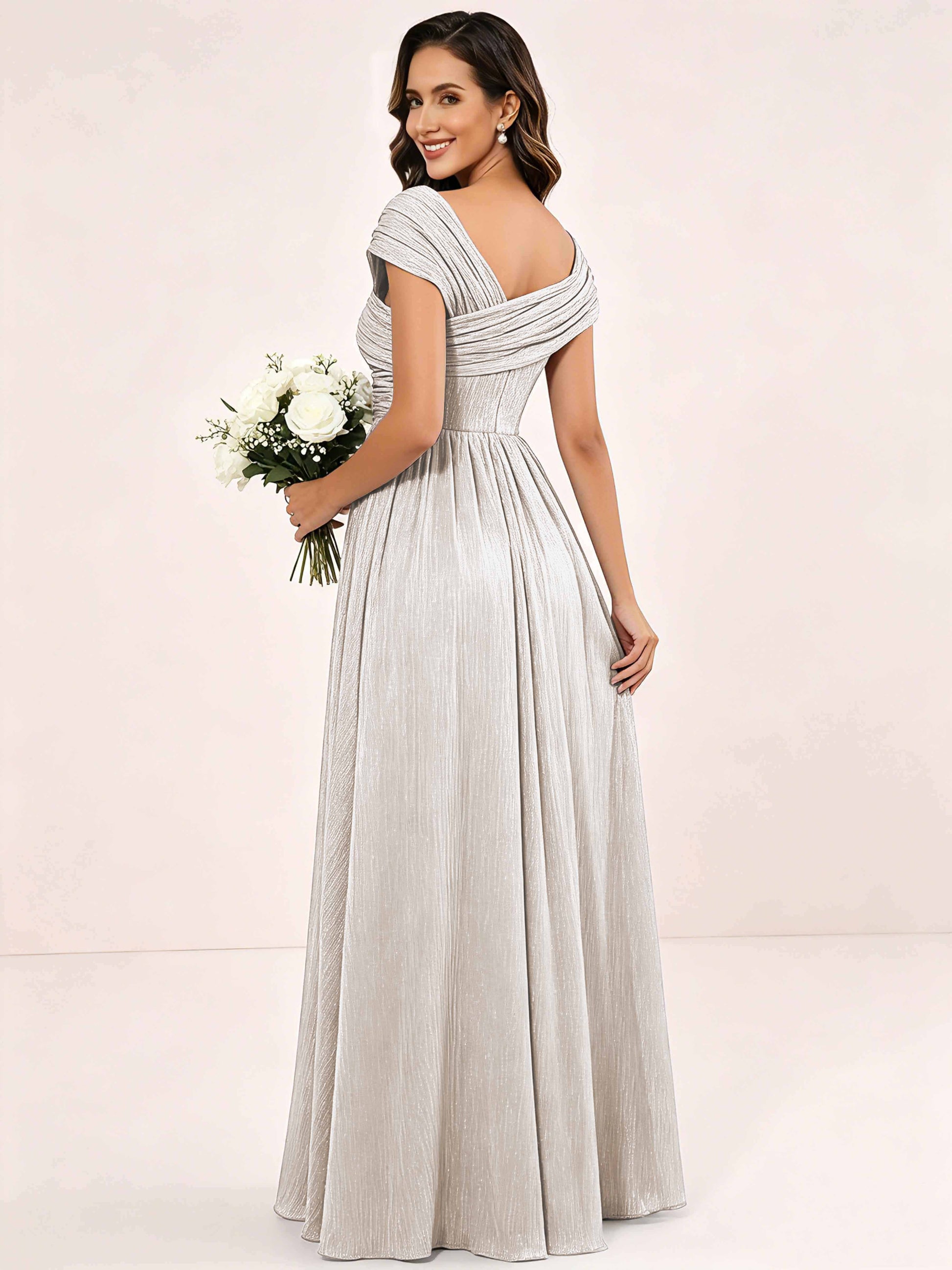 Shiny Striped Chiffon Ruched Cap Sleeve Mother of The Bride Dress
