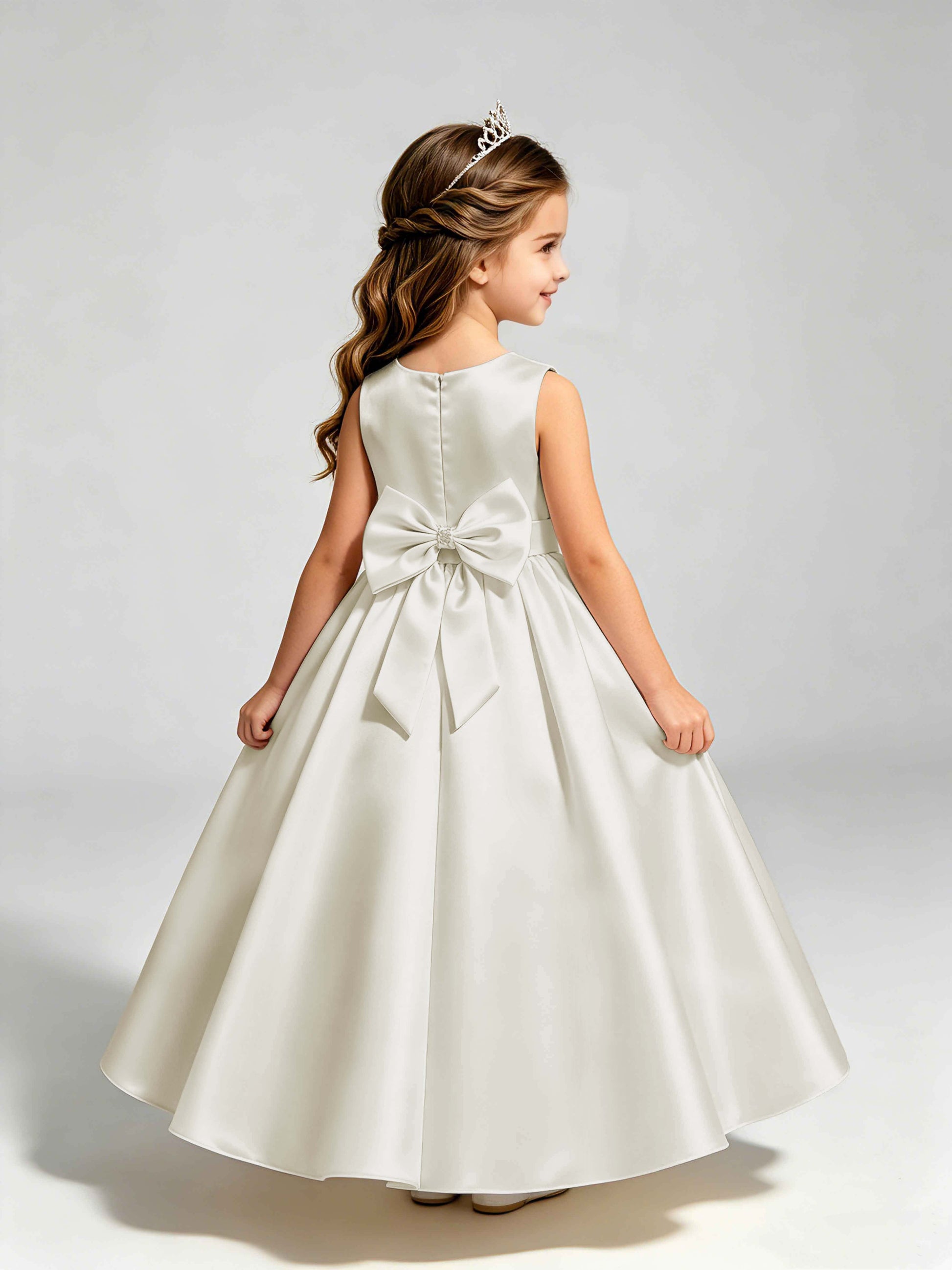 Satin Flower Girl Dress with Bow Princess Girls Pageant Gowns