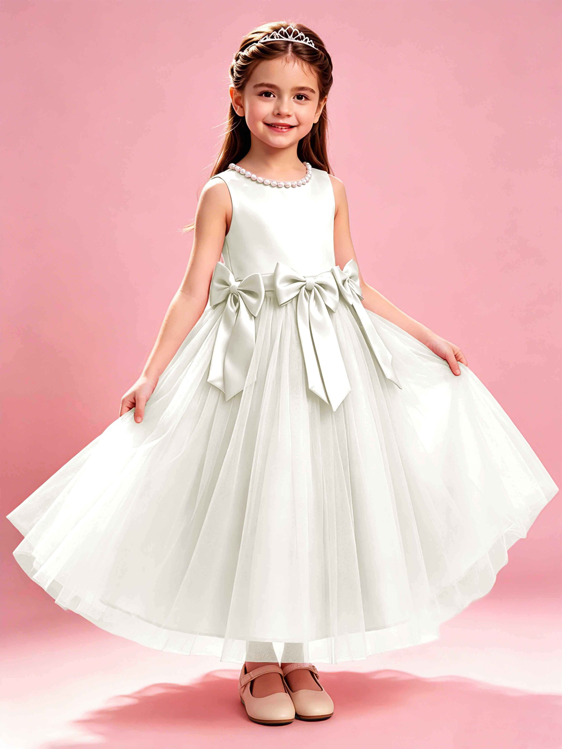 Satin Tulle Flower Girl Dress with Bow Princess Girls Pageant Gowns