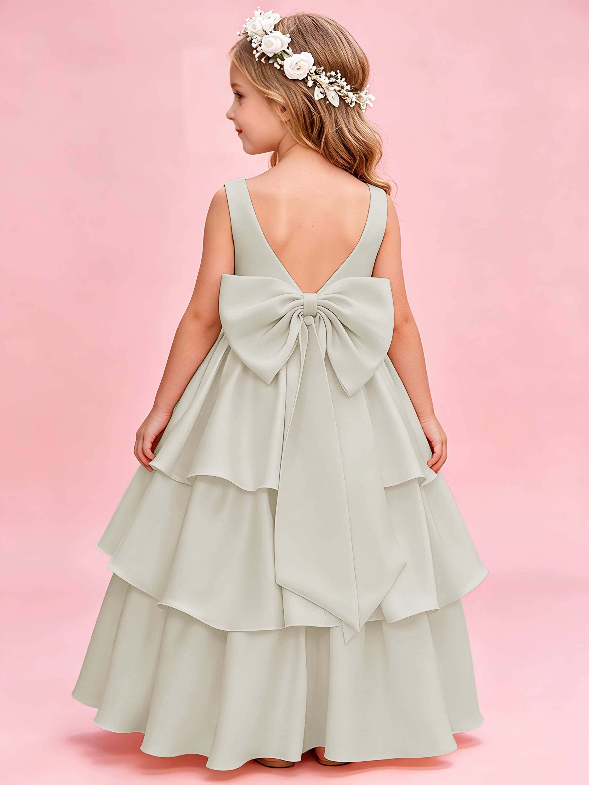Tiered Flower Girl Dress with Bow Princess Girls Pageant Gowns