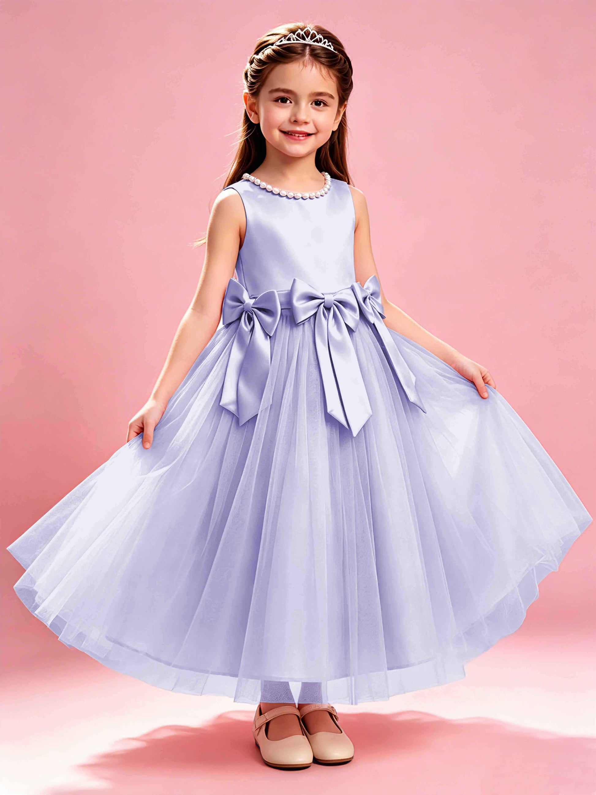 Satin Tulle Flower Girl Dress with Bow Princess Girls Pageant Gowns