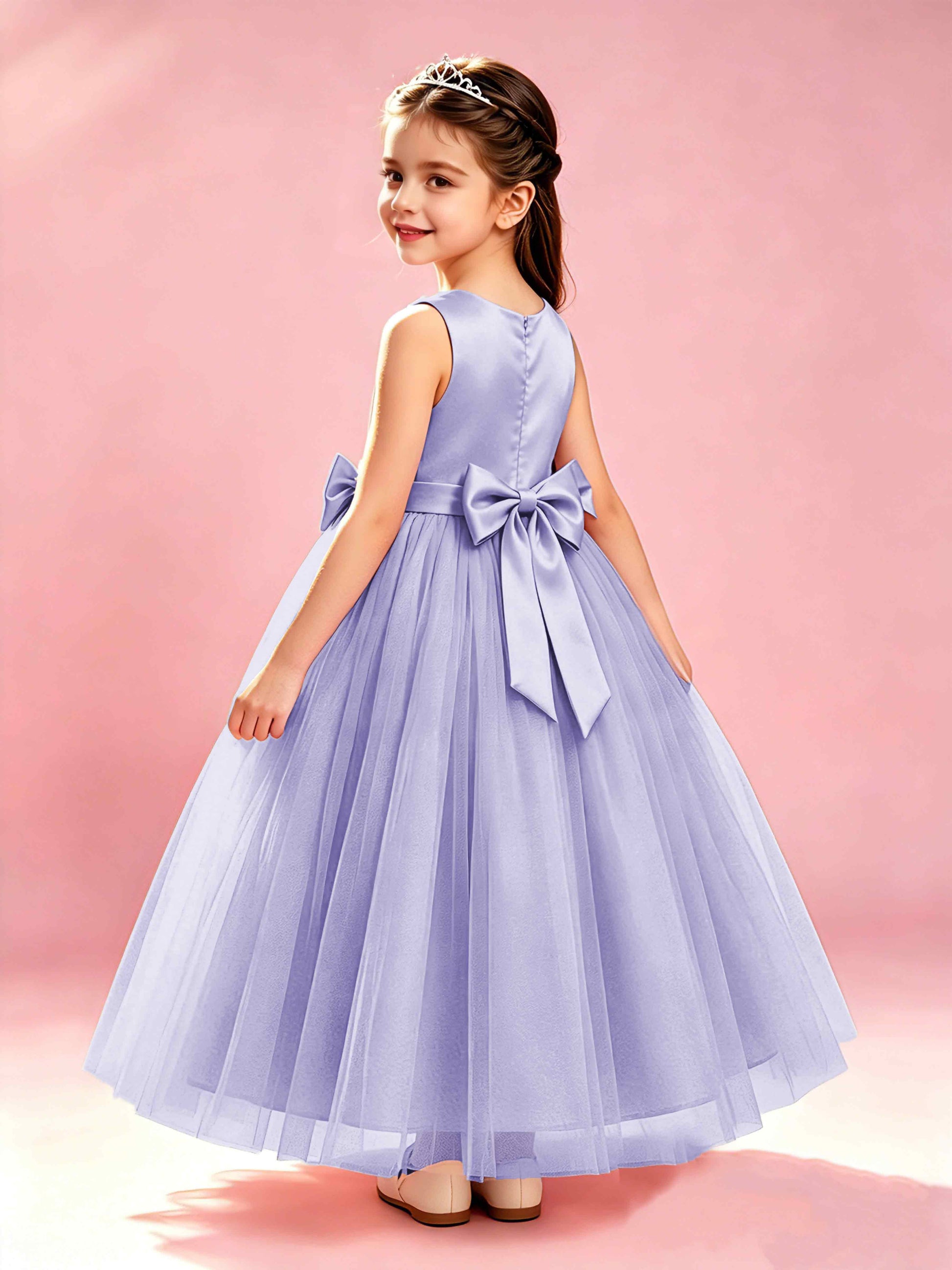 Satin Tulle Flower Girl Dress with Bow Princess Girls Pageant Gowns