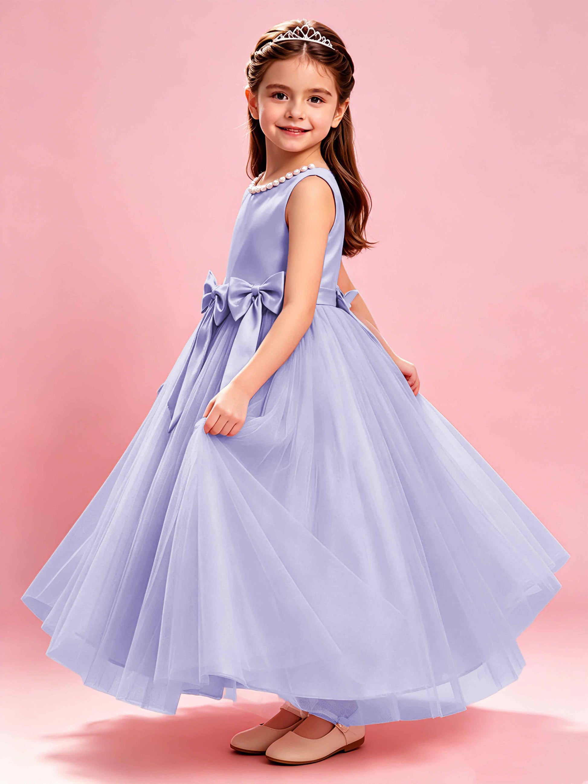 Satin Tulle Flower Girl Dress with Bow Princess Girls Pageant Gowns
