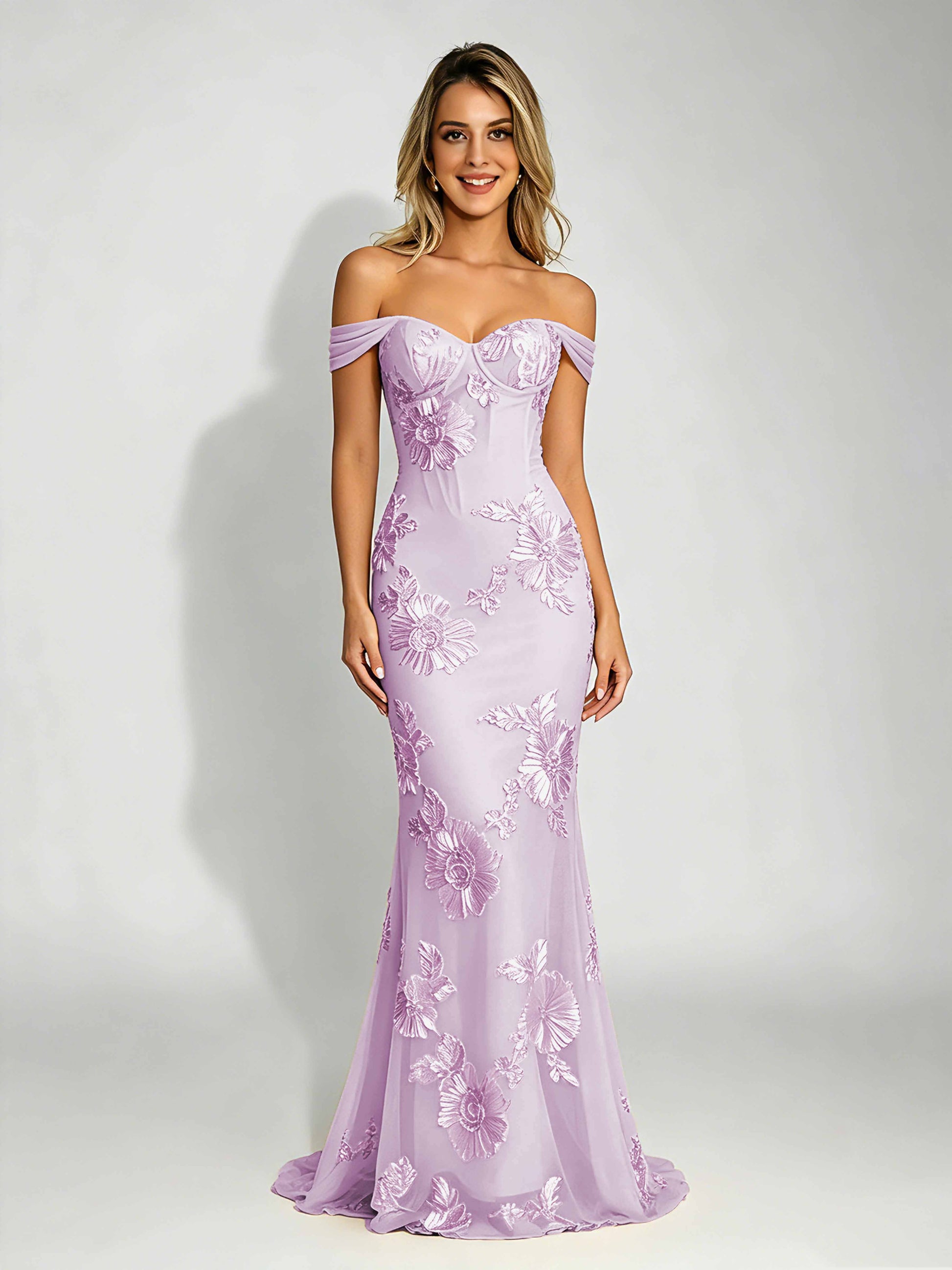 Embroidery Mesh Prom Dress for Teen Off Shoulder Formal Party Gown