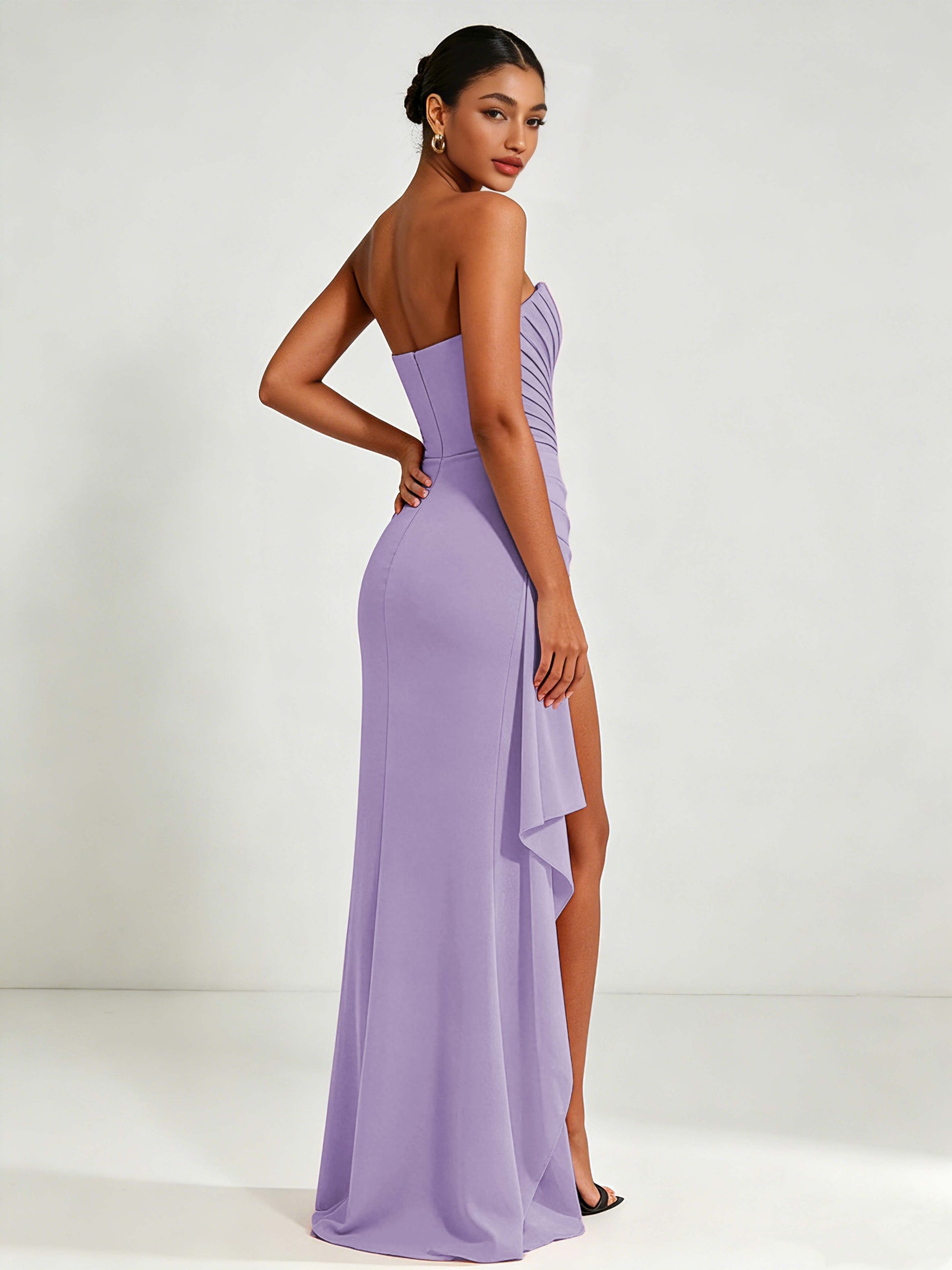 Strapless Ruched Bust Prom Dresses with Ruffle Slit