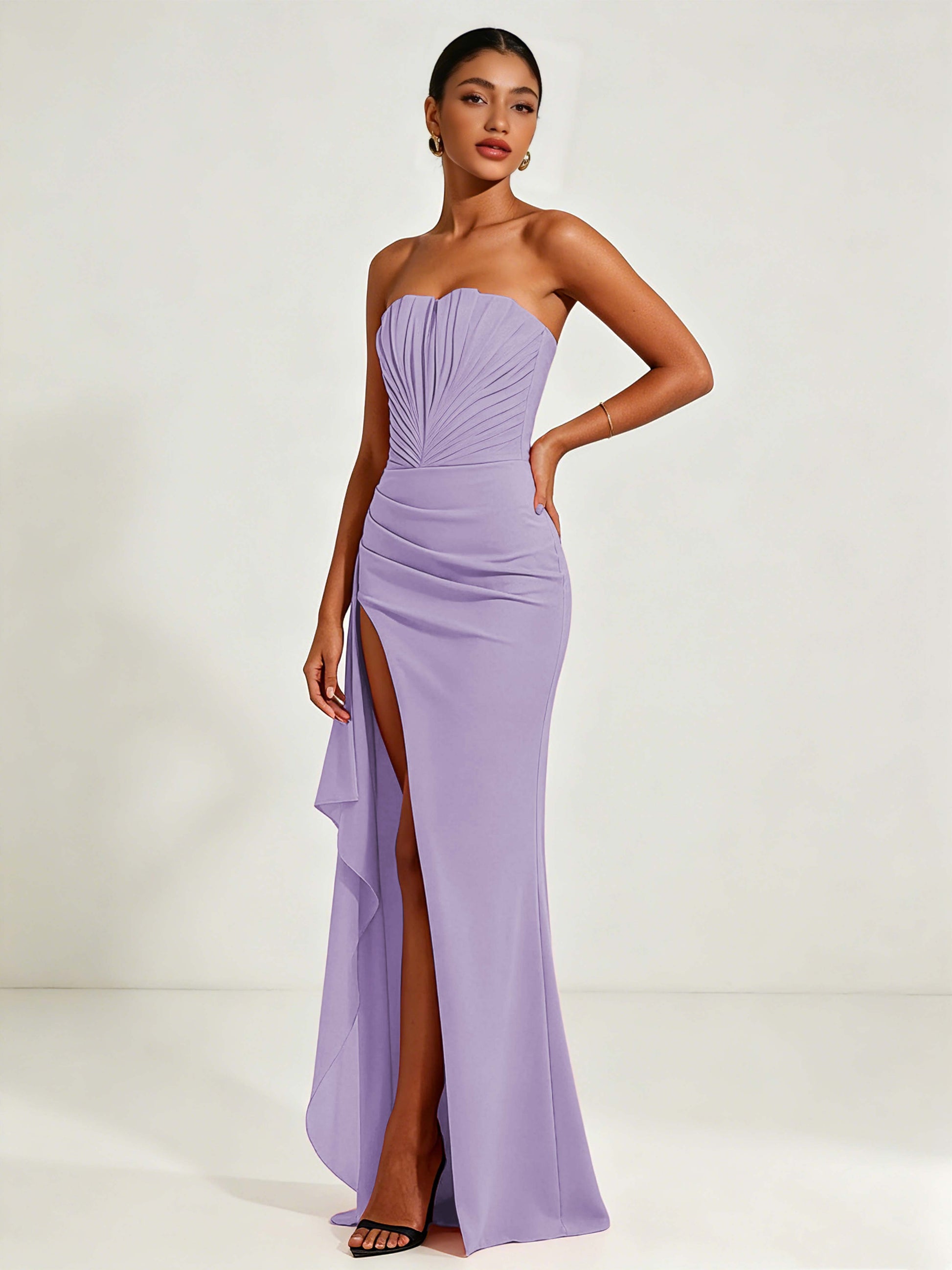 Strapless Ruched Bust Prom Dresses with Ruffle Slit