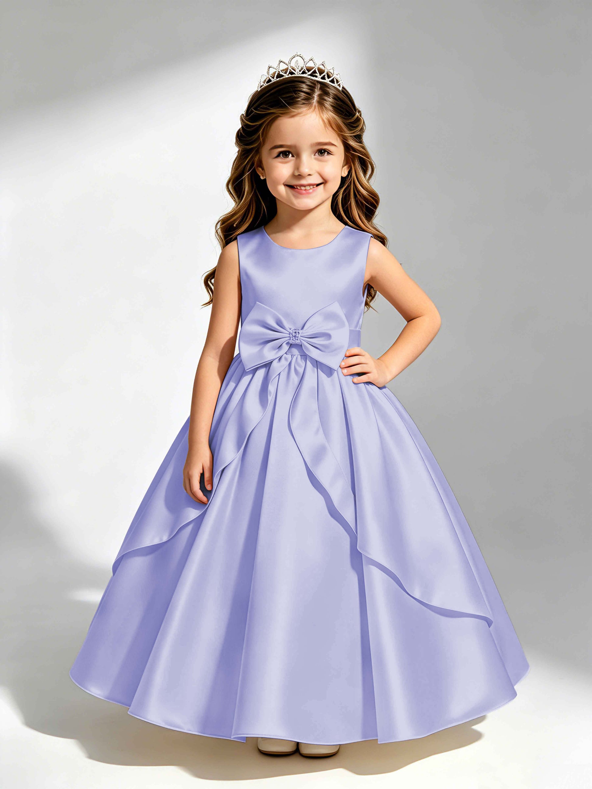 Satin Flower Girl Dress with Bow Princess Girls Pageant Gowns