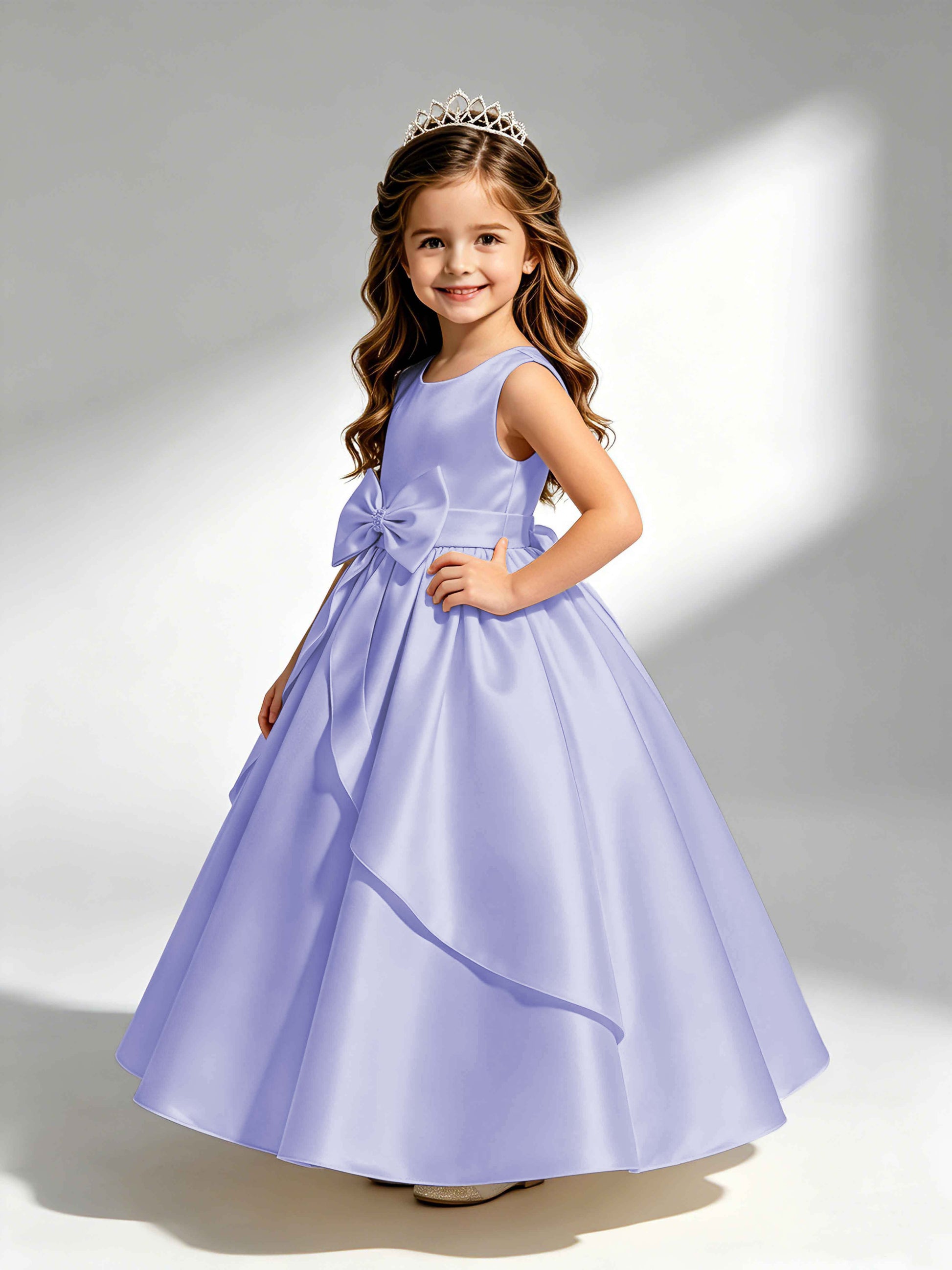 Satin Flower Girl Dress with Bow Princess Girls Pageant Gowns