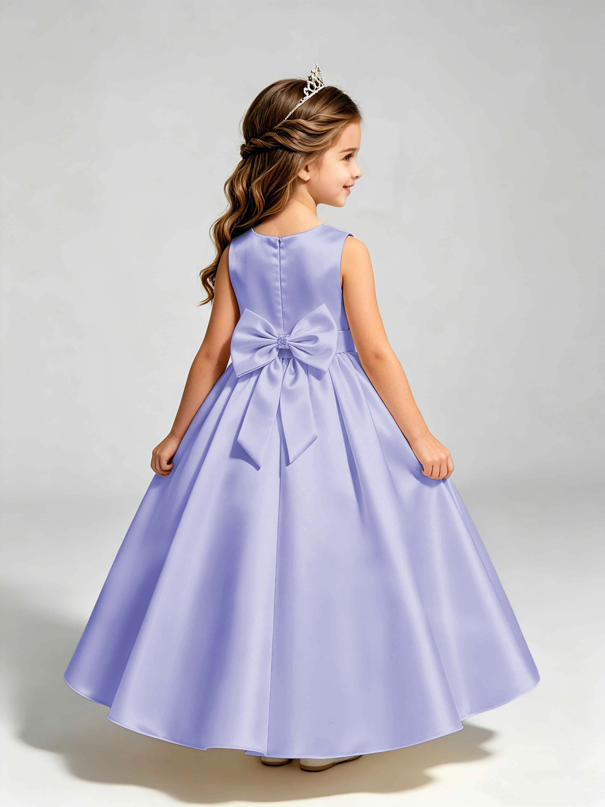 Satin Flower Girl Dress with Bow Princess Girls Pageant Gowns