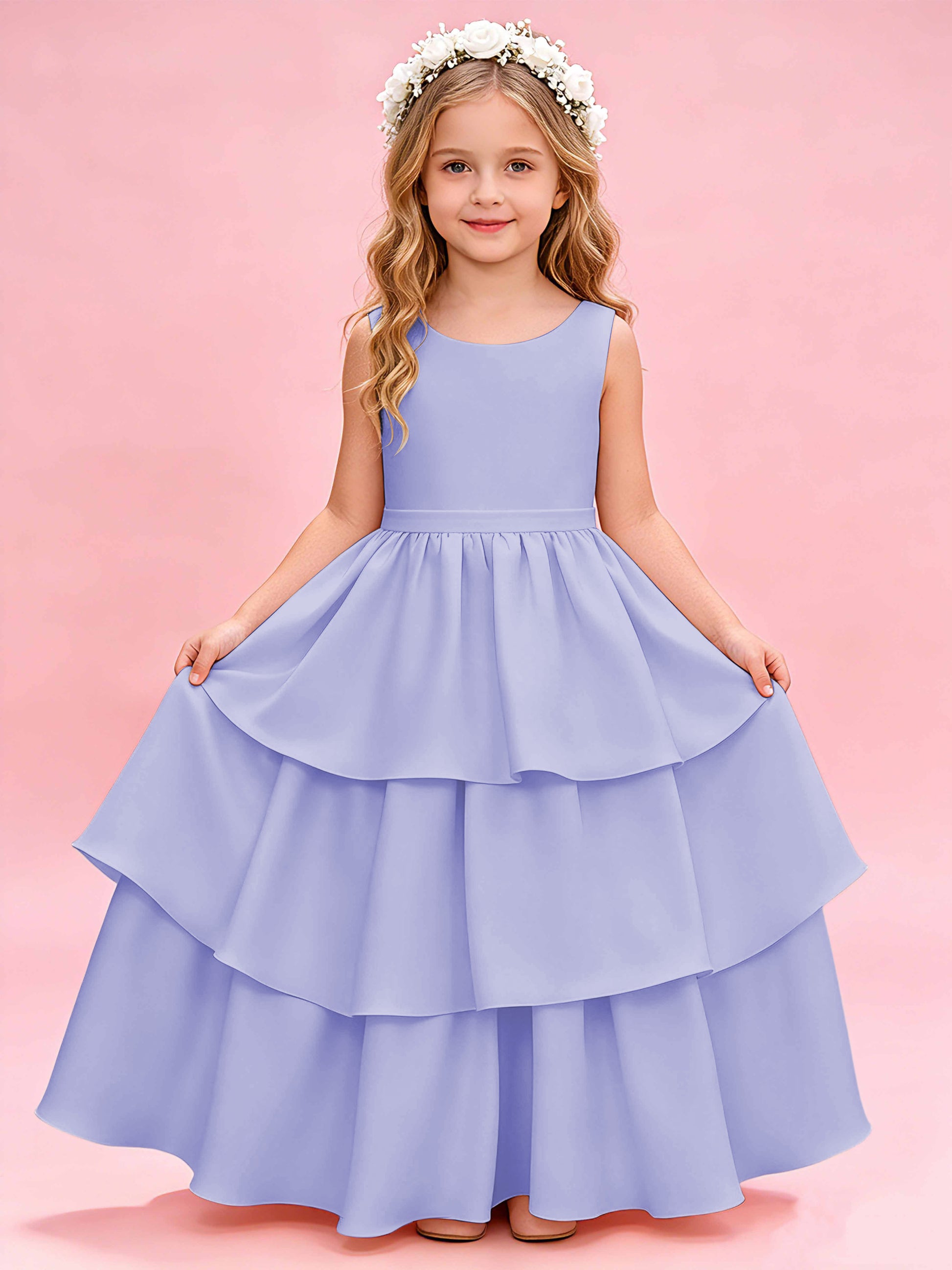 Tiered Flower Girl Dress with Bow Princess Girls Pageant Gowns