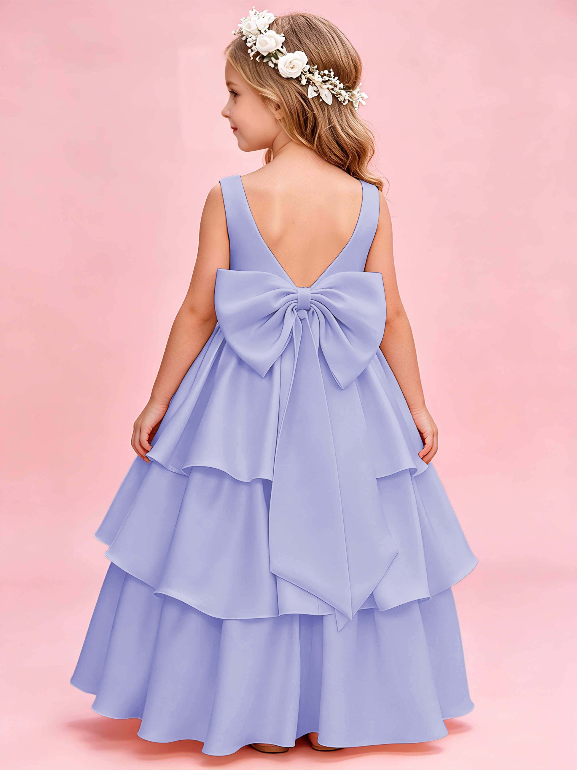 Tiered Flower Girl Dress with Bow Princess Girls Pageant Gowns