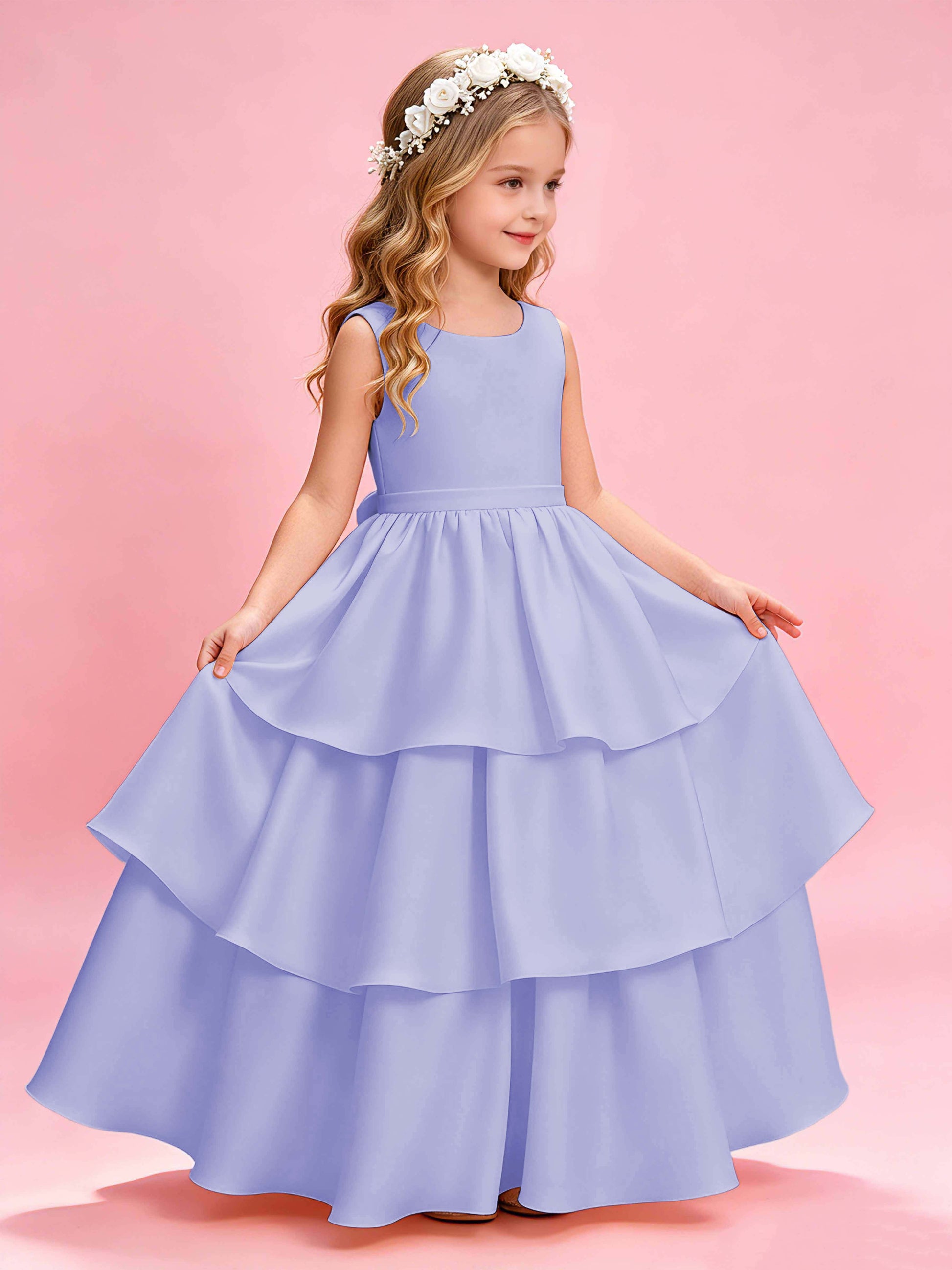 Tiered Flower Girl Dress with Bow Princess Girls Pageant Gowns