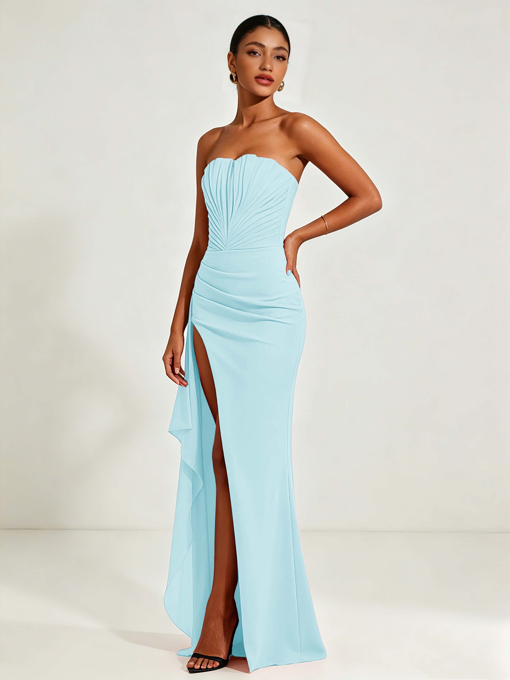 Strapless Ruched Bust Prom Dresses with Ruffle Slit
