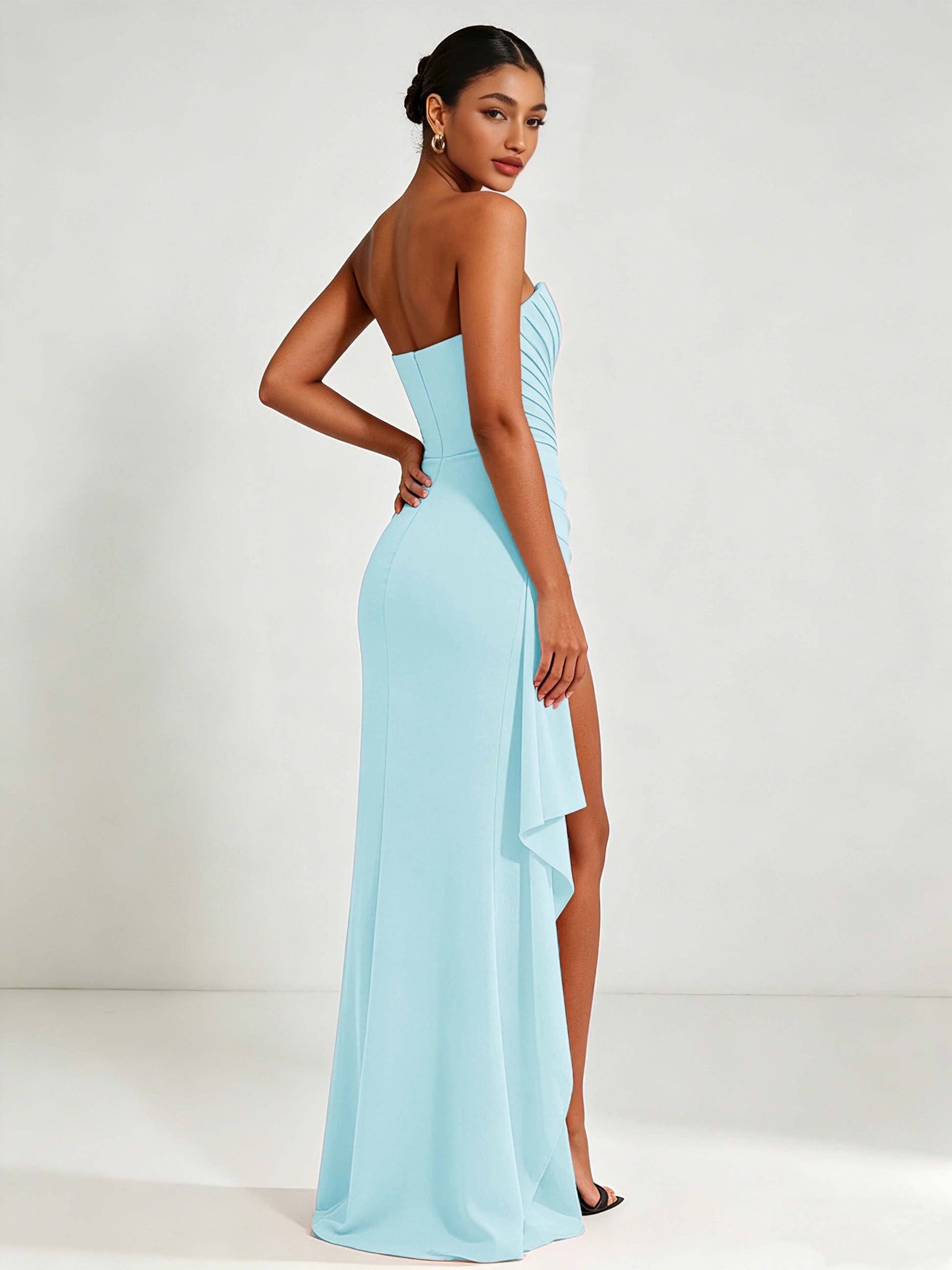 Strapless Ruched Bust Prom Dresses with Ruffle Slit