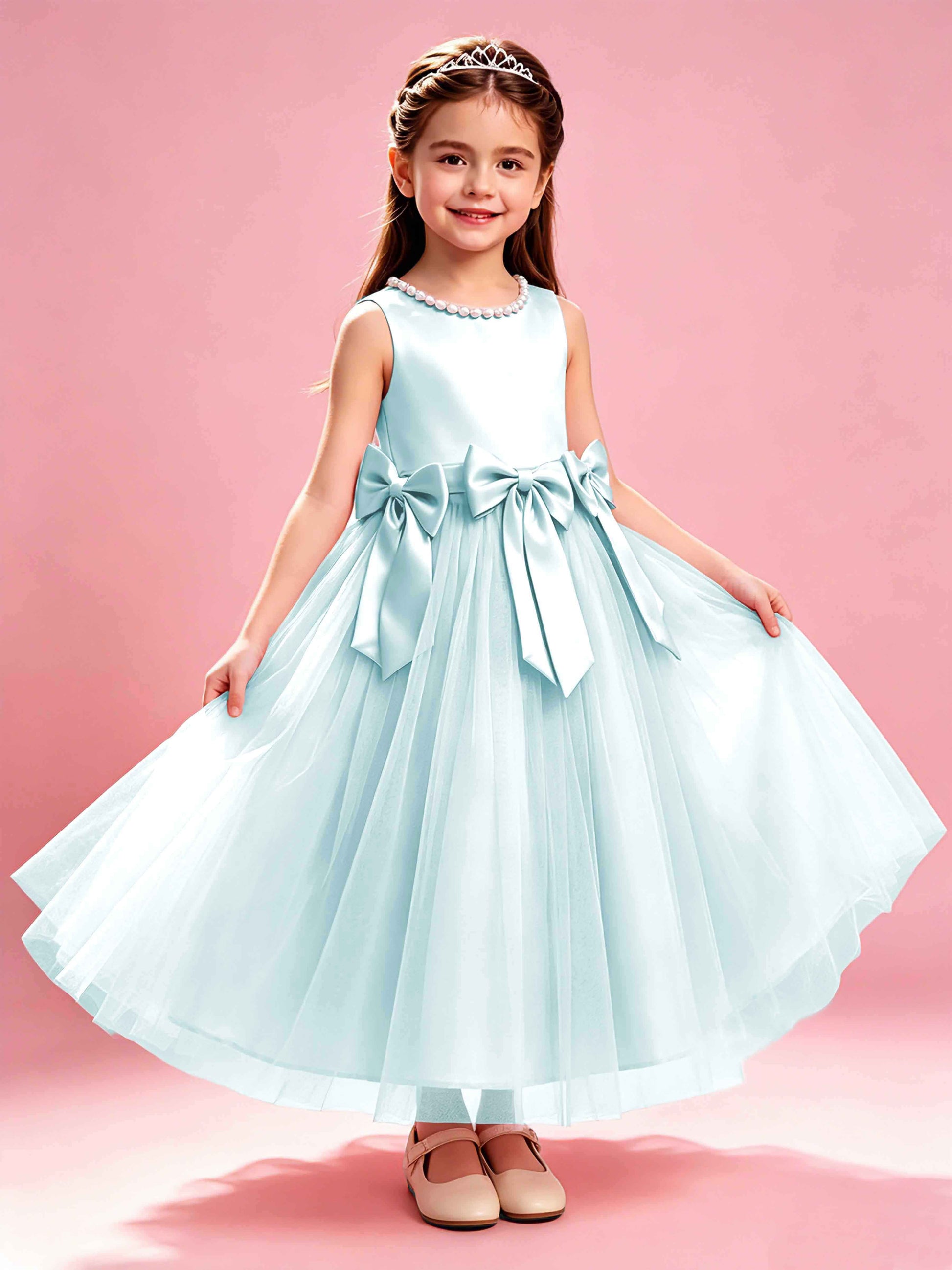 Satin Tulle Flower Girl Dress with Bow Princess Girls Pageant Gowns