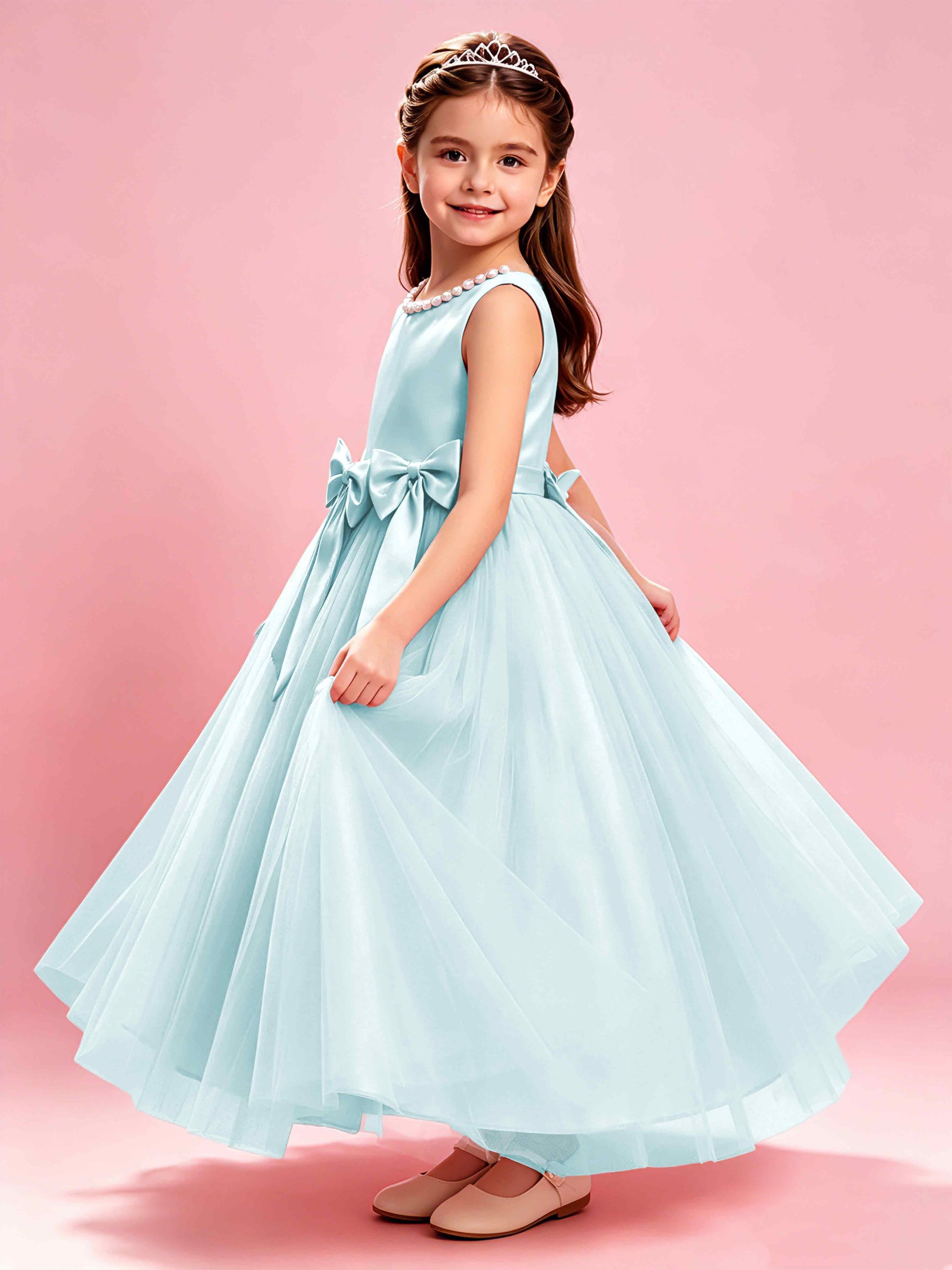 Satin Tulle Flower Girl Dress with Bow Princess Girls Pageant Gowns