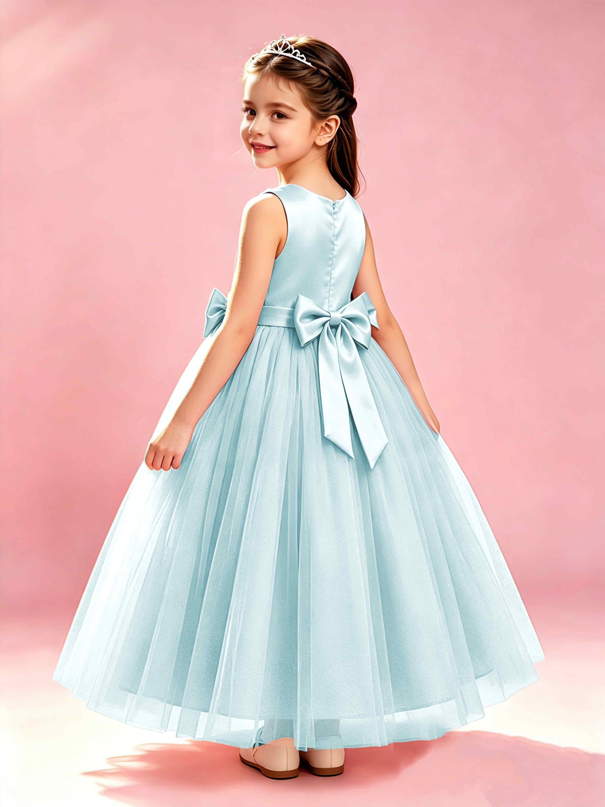 Satin Tulle Flower Girl Dress with Bow Princess Girls Pageant Gowns
