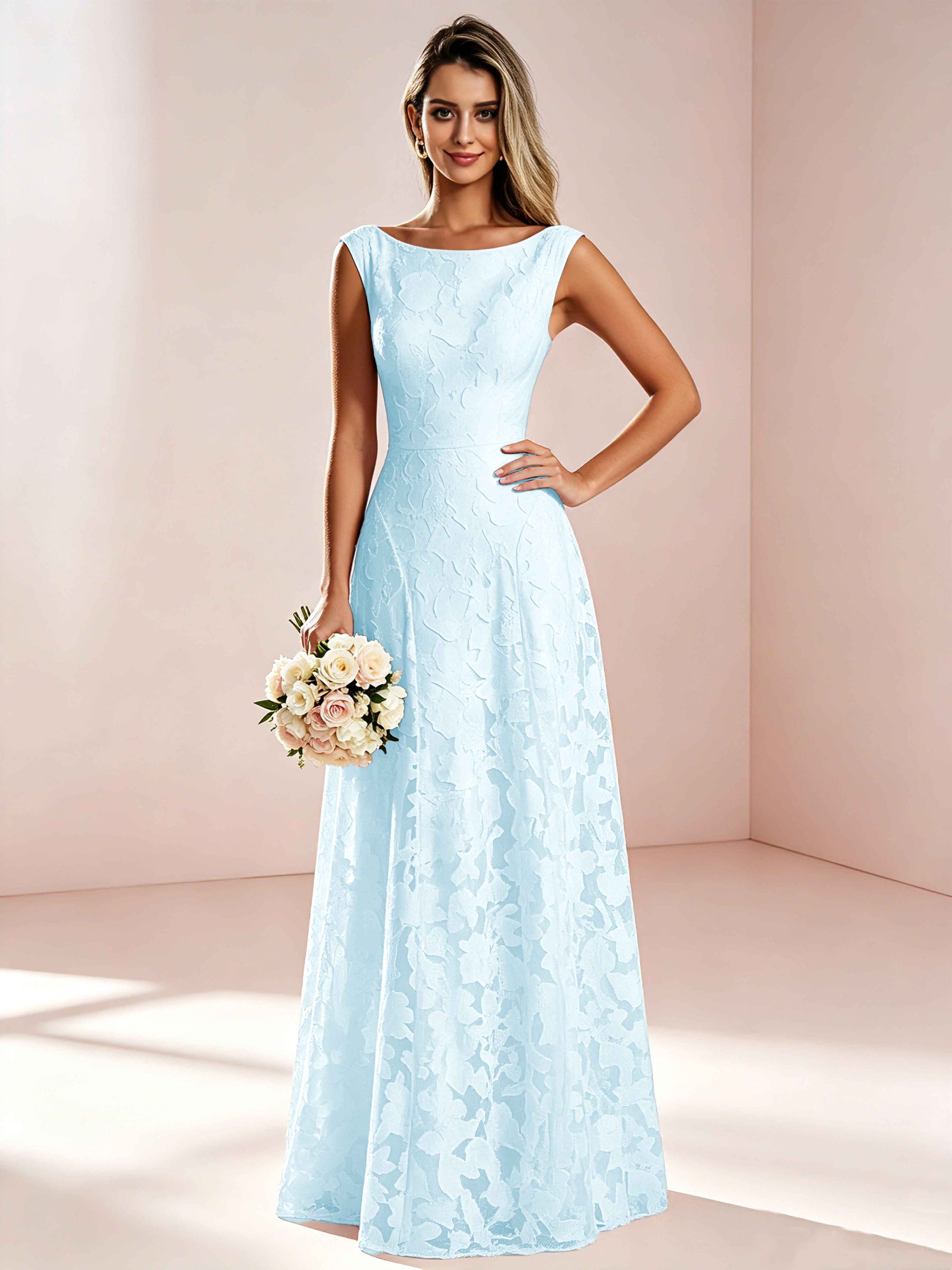 Boat Neck Jacquard Chiffon Floor Length Bridesmaid Dresses