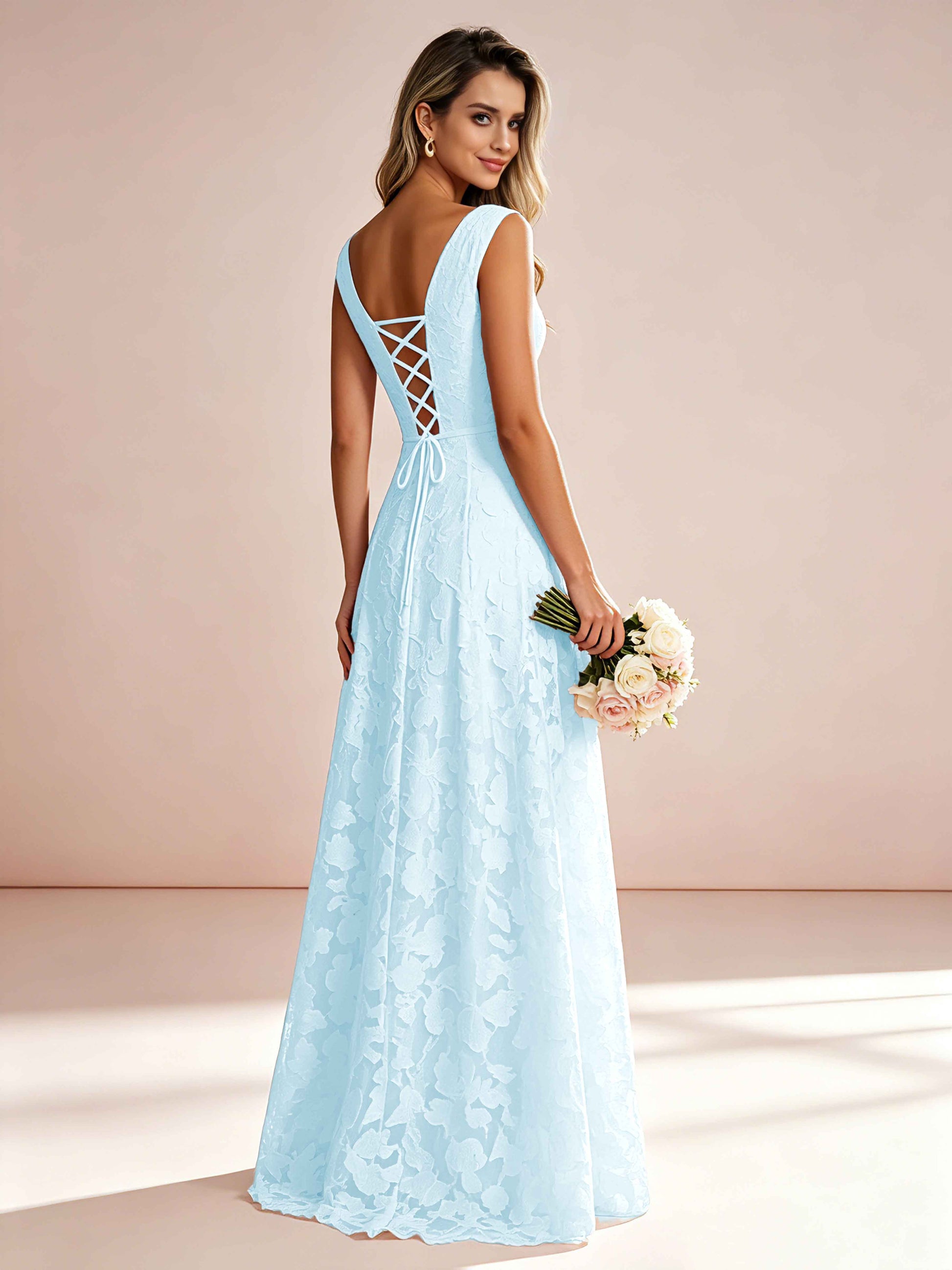 Boat Neck Jacquard Chiffon Floor Length Bridesmaid Dresses