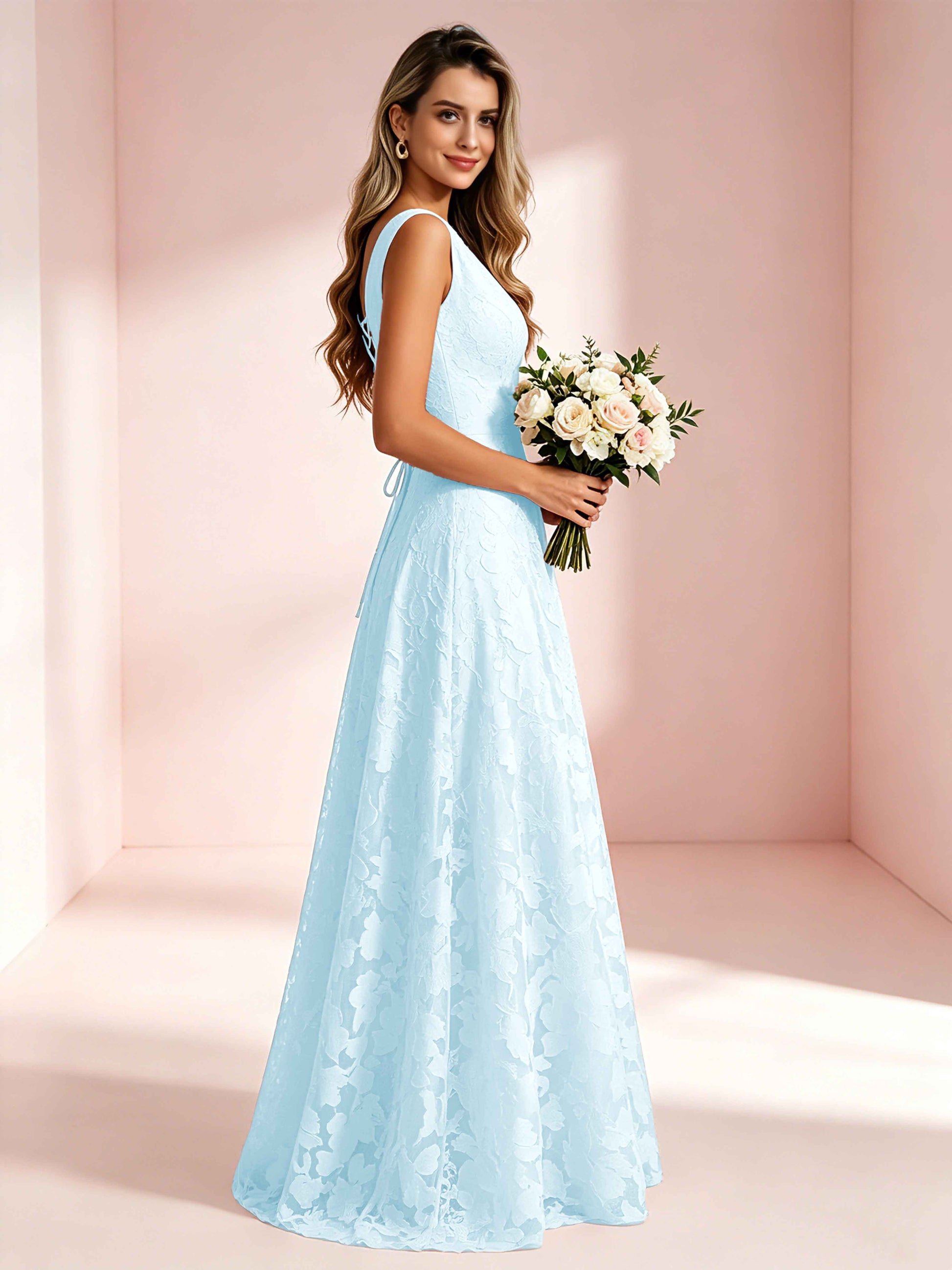 Boat Neck Jacquard Chiffon Floor Length Bridesmaid Dresses