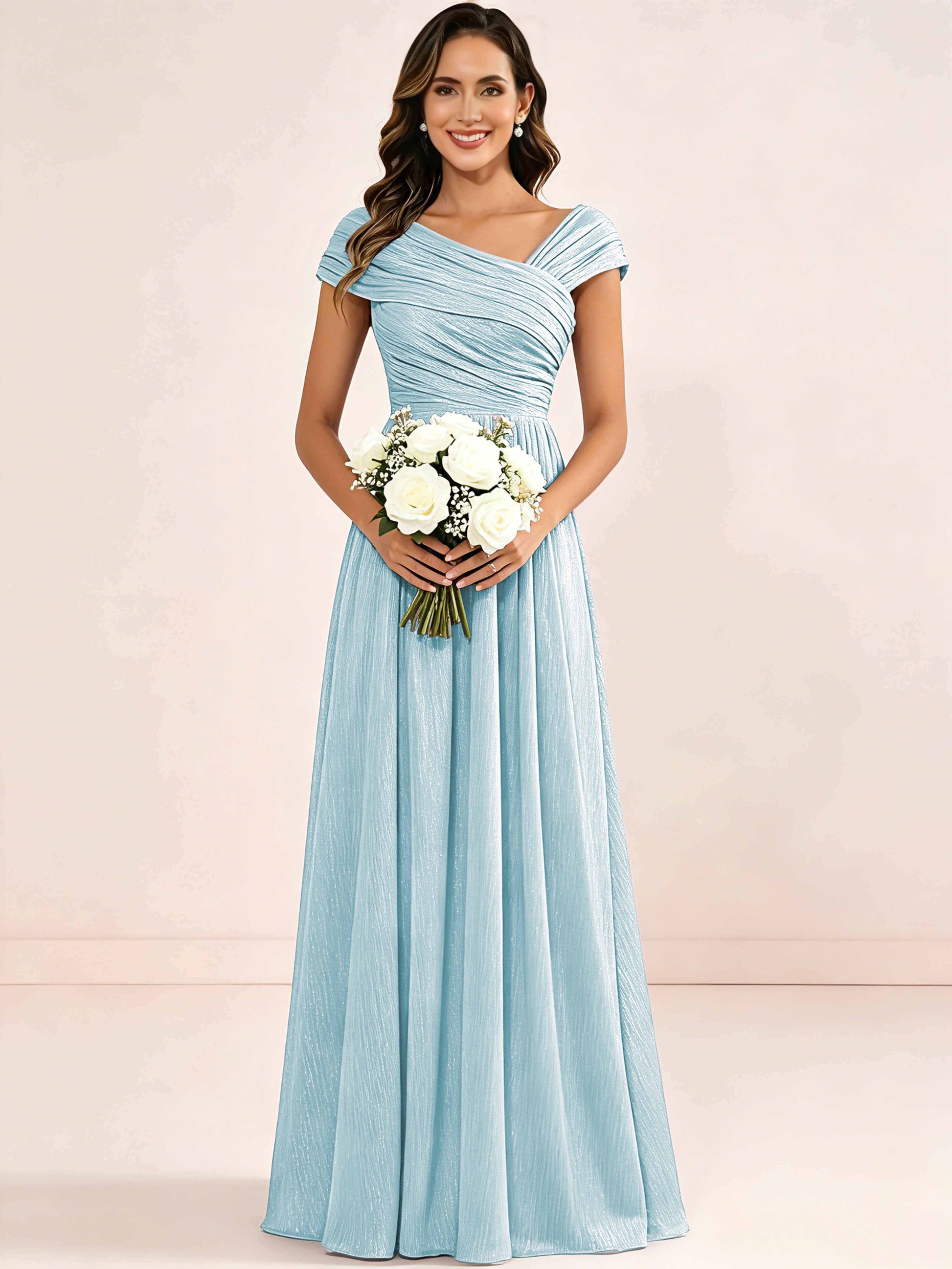 Shiny Striped Chiffon Ruched Cap Sleeve Mother of The Bride Dress