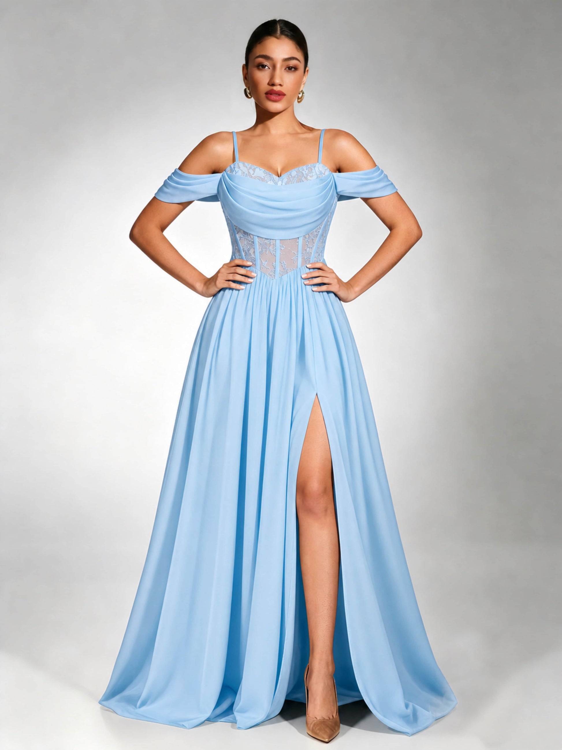 Off Shoulder Chiffon Lace Prom Dress for Teens