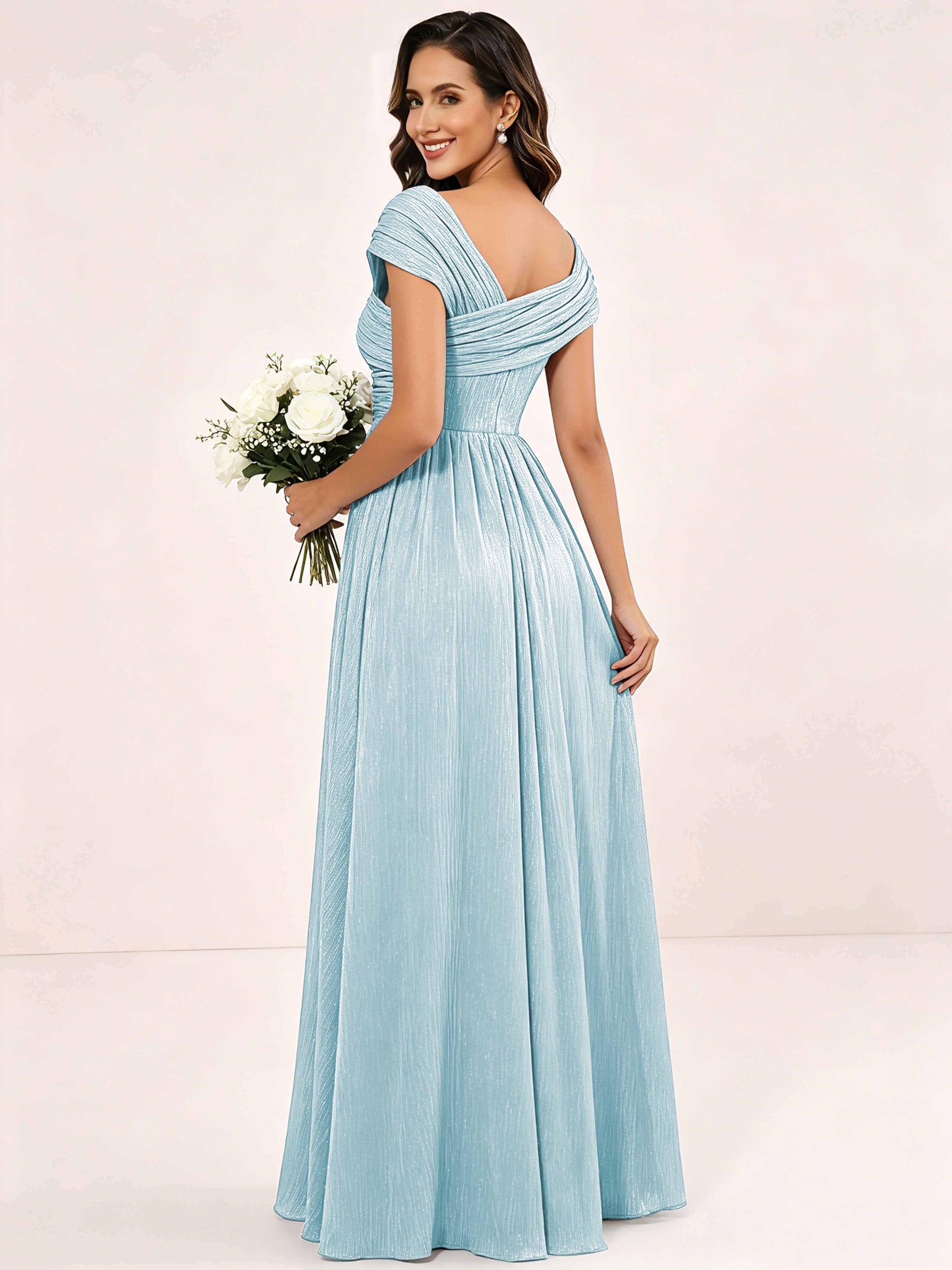 Shiny Striped Chiffon Ruched Cap Sleeve Mother of The Bride Dress