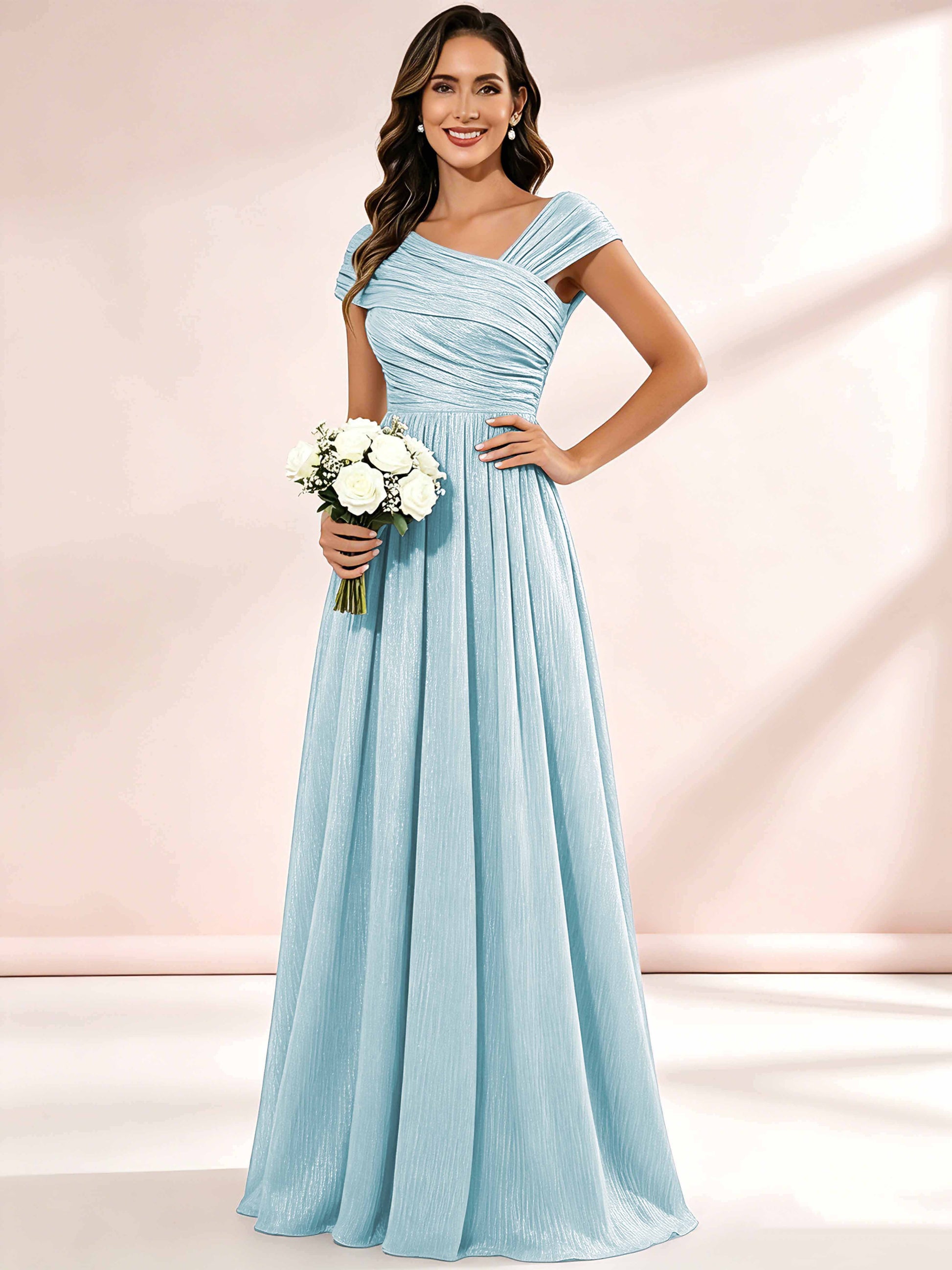 Shiny Striped Chiffon Ruched Cap Sleeve Mother of The Bride Dress