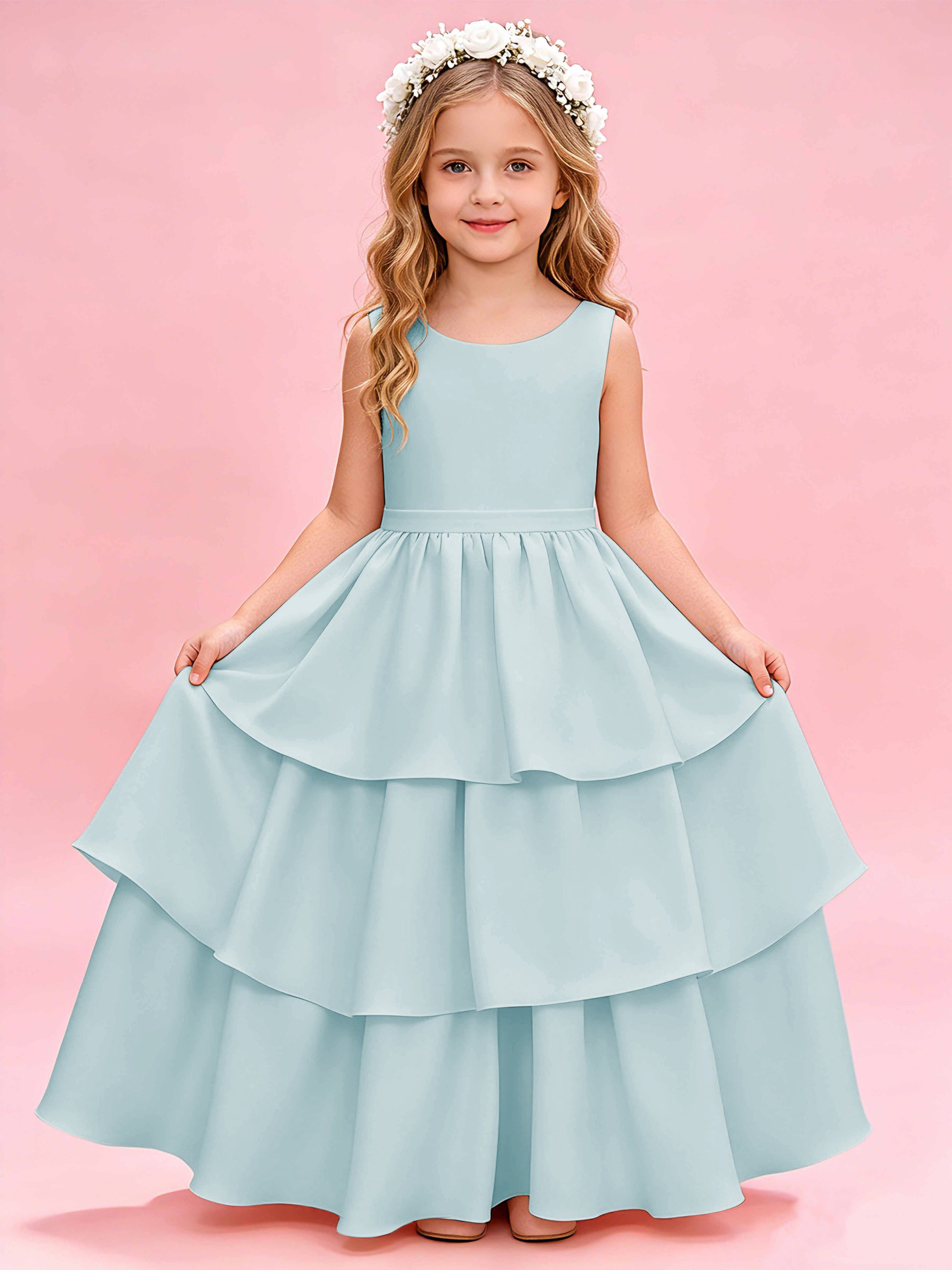 Tiered Flower Girl Dress with Bow Princess Girls Pageant Gowns
