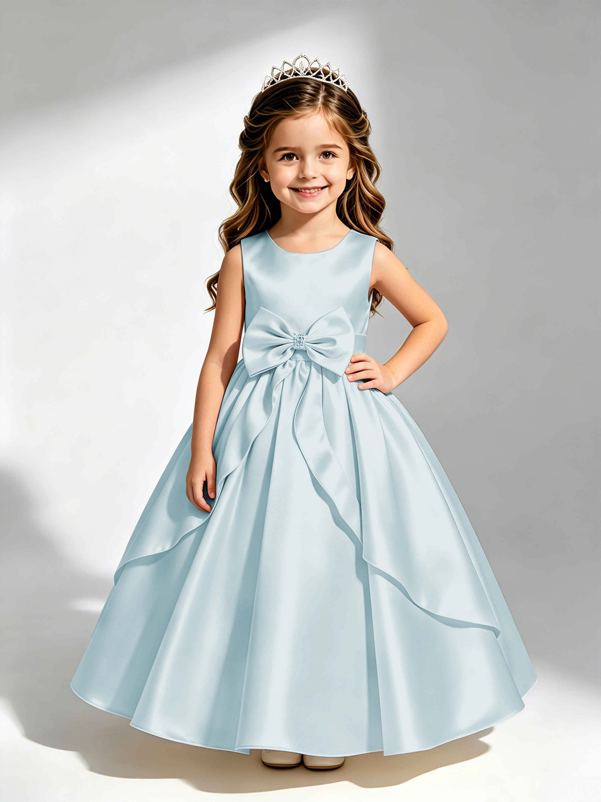 Satin Flower Girl Dress with Bow Princess Girls Pageant Gowns