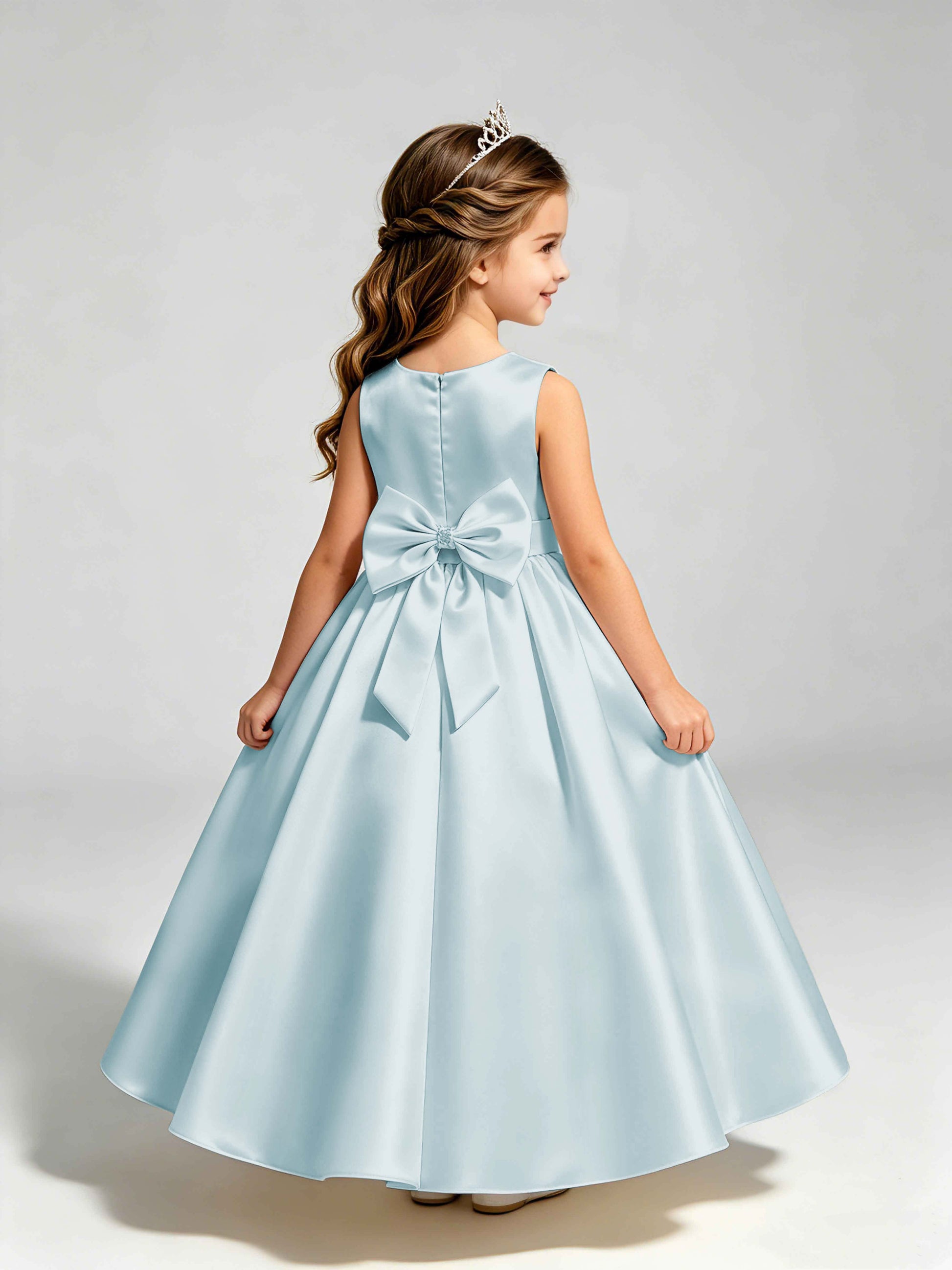 Satin Flower Girl Dress with Bow Princess Girls Pageant Gowns